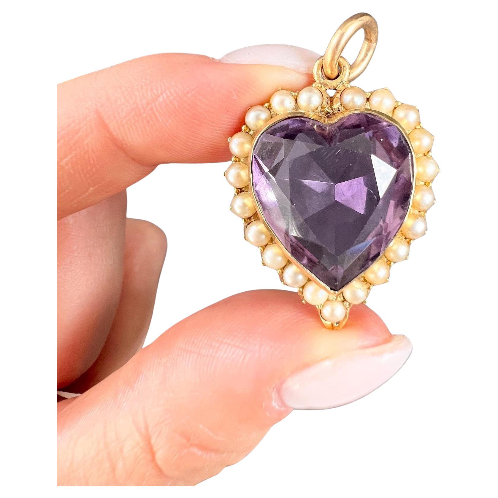 Antique 15ct Gold, Edwardian Amethyst & Natural Seed Pearl Heart Pendant