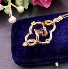 Antique 15ct Gold, Edwardian, Amethyst, Peridot & Seed Pearl Suffragette Pendent