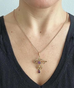 Antiguo colgante/brillante eduardiano de oro de 15 ct, amatista y perlas de collar