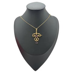 Antiguo colgante/brillante eduardiano de oro de 15 ct, amatista y perlas de collar