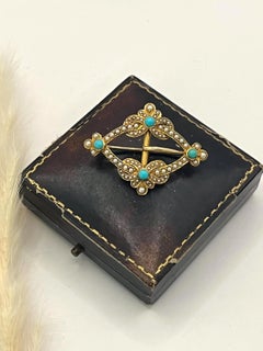 Antique 15ct Gold Edwardian Buckle Turquoise & Pearl Brooch / Pendant