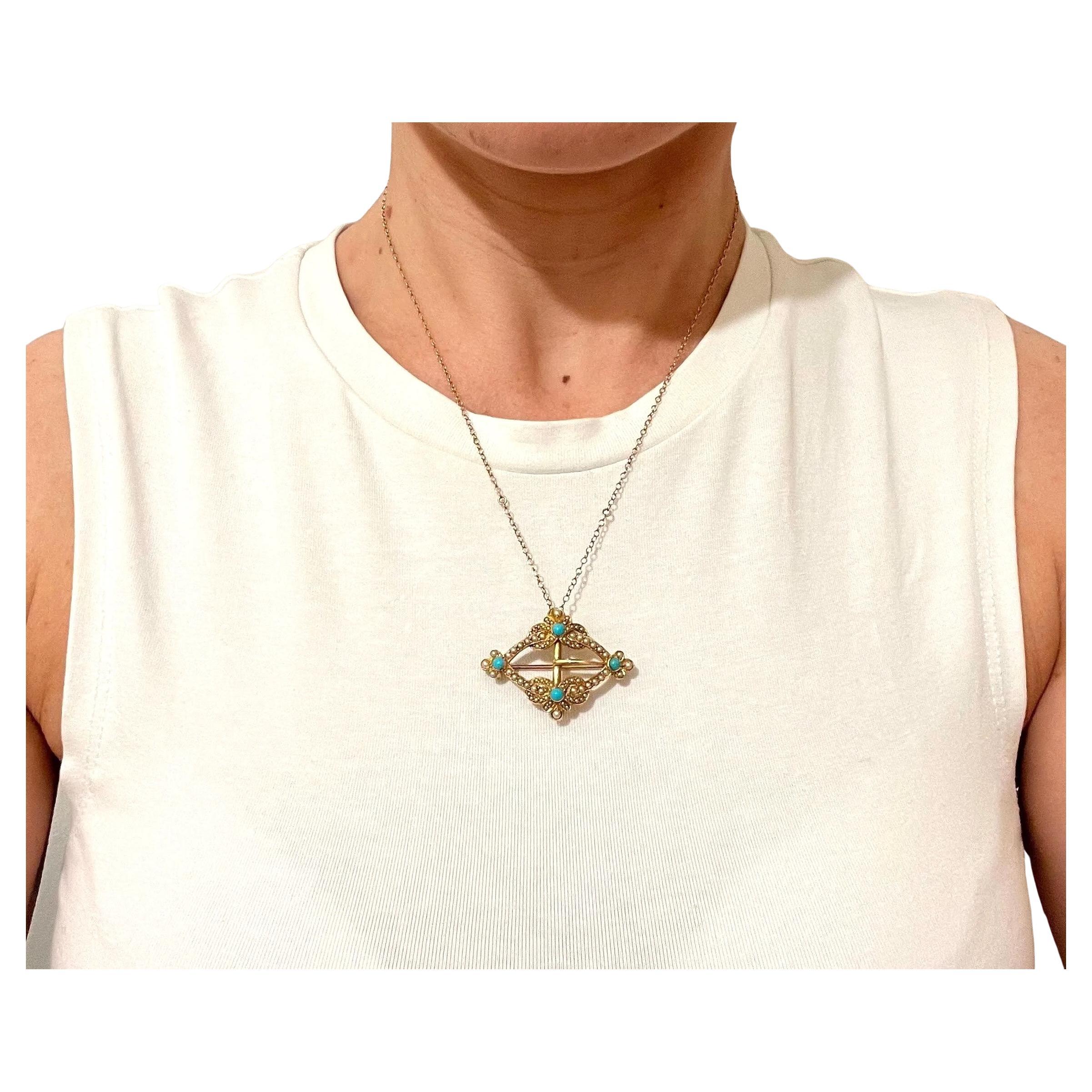 Antique 15ct Gold Edwardian Buckle Turquoise 
Pearl Brooch / Pendant For Sale