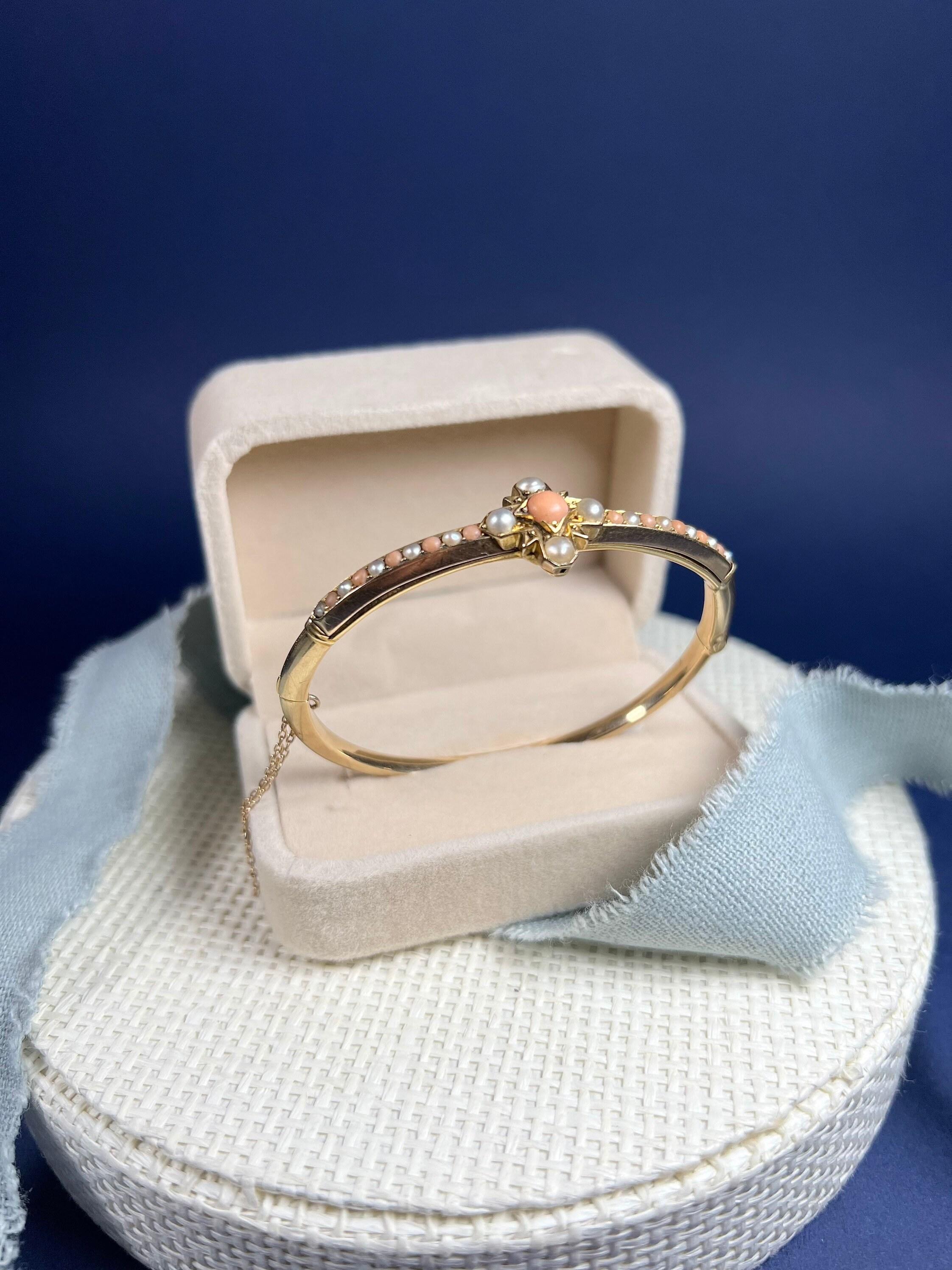 Antique 15ct Gold Edwardian Coral & Pearl Bangle Bracelet For Sale 5