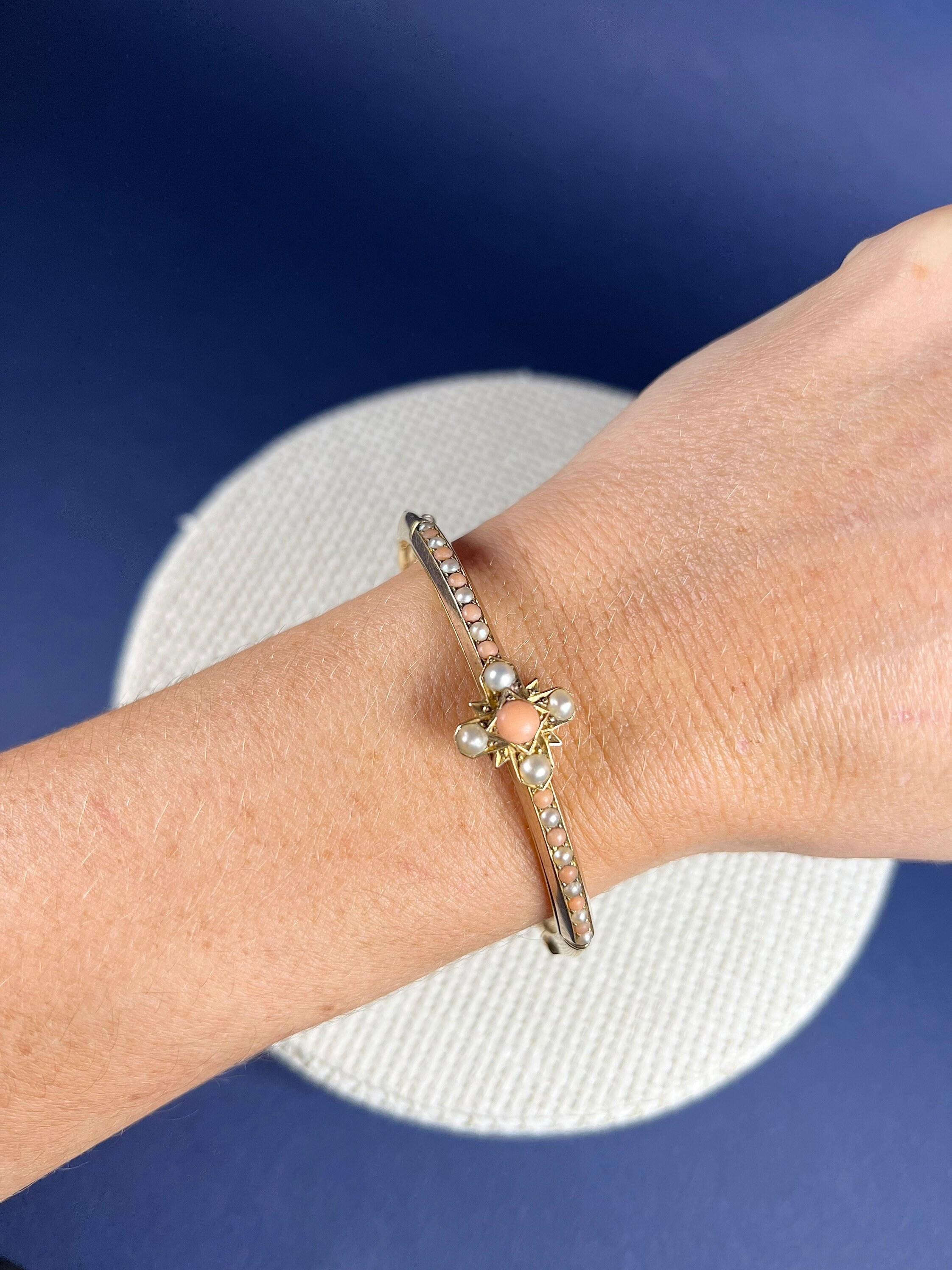 Antique 15ct Gold Edwardian Coral & Pearl Bangle Bracelet For Sale 6