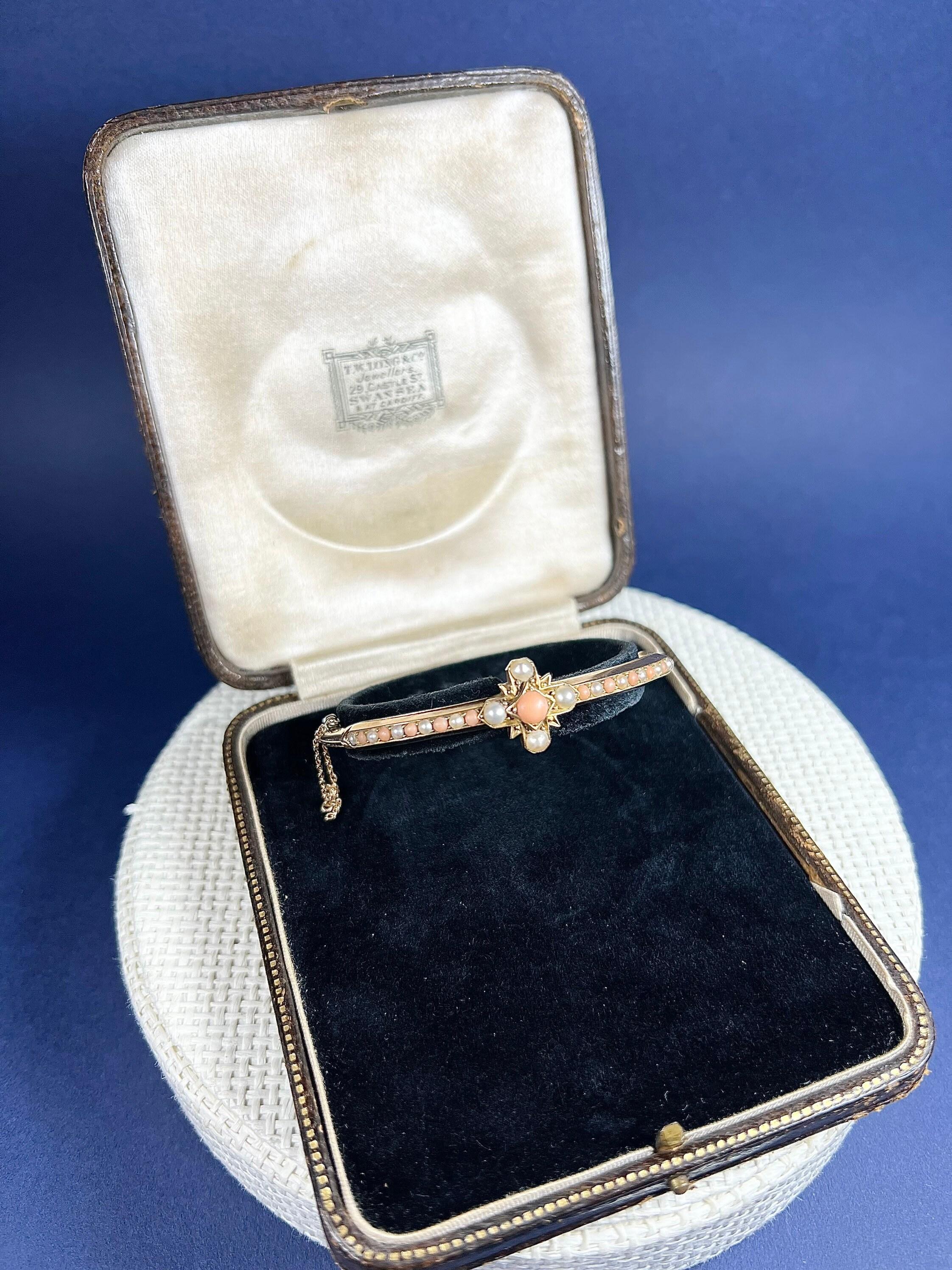 Women's or Men's Antique 15ct Gold Edwardian Coral & Pearl Bangle Bracelet For Sale