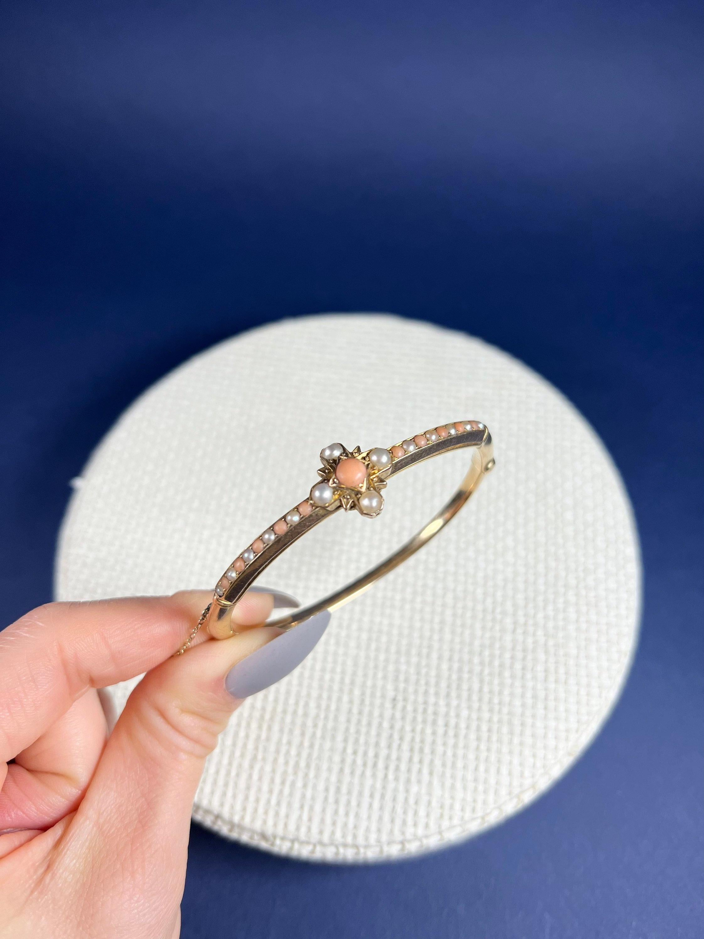 Antique 15ct Gold Edwardian Coral & Pearl Bangle Bracelet For Sale 2