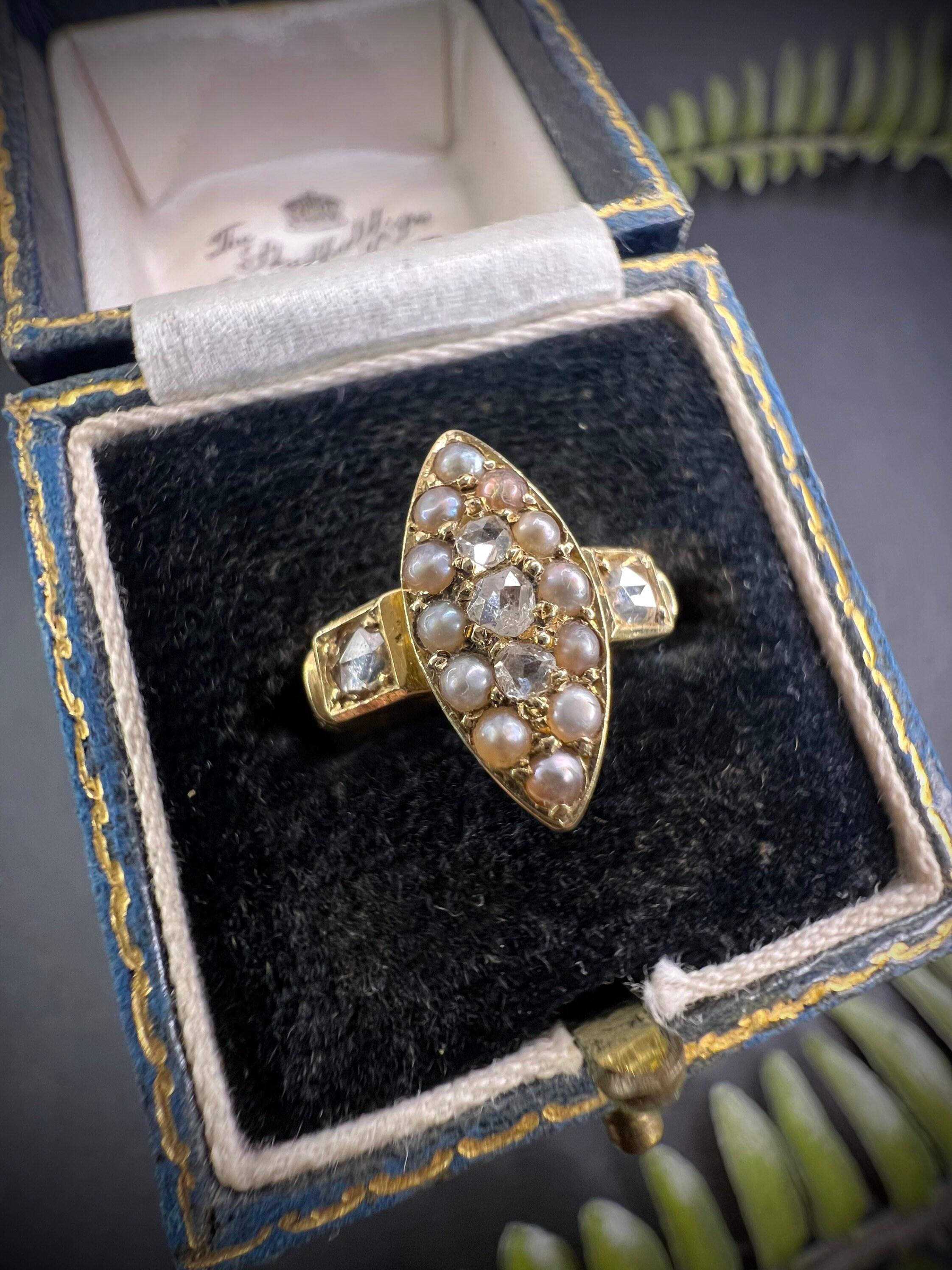 Antique 15ct Gold Edwardian Diamond & Pearl Marquise Ring For Sale 5