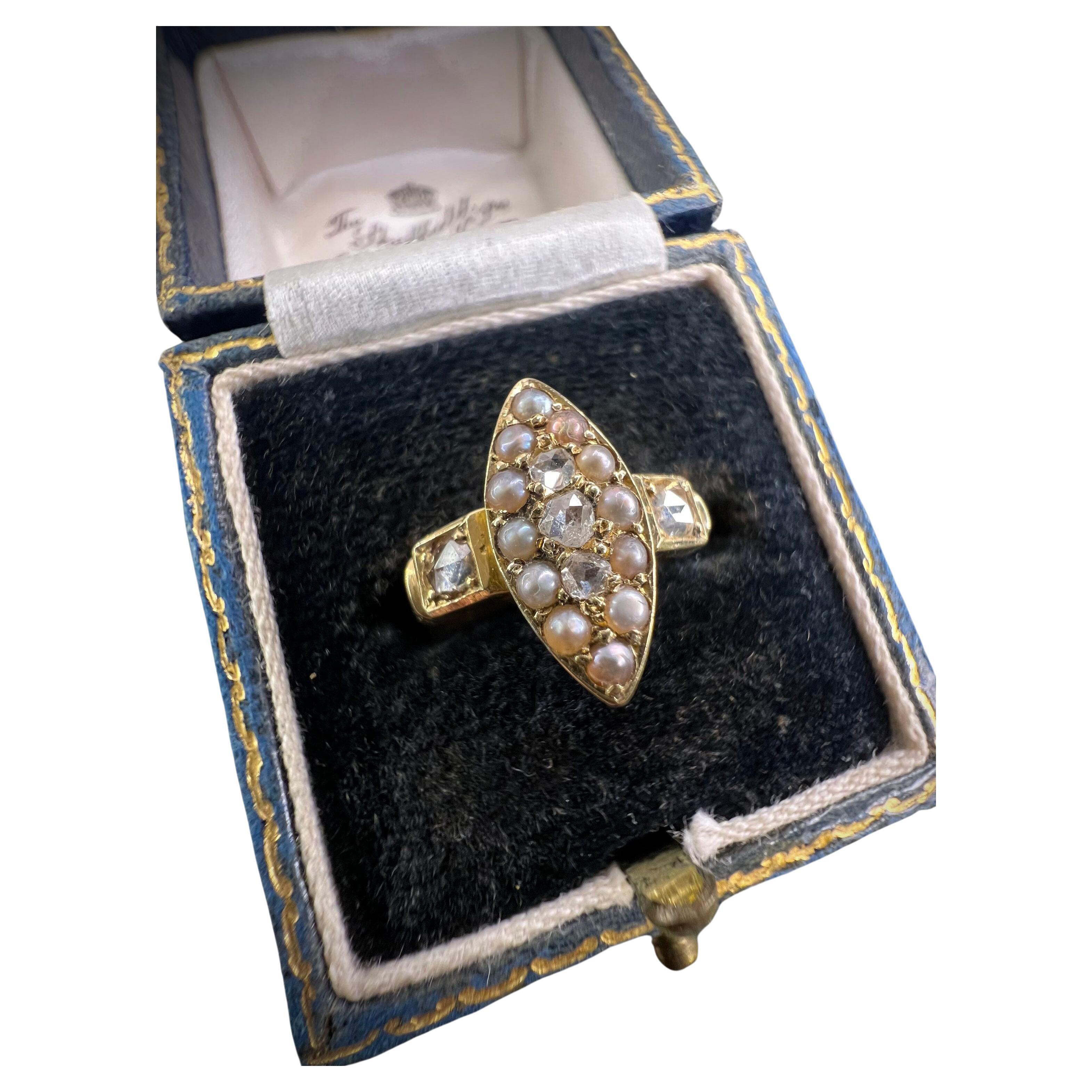 Bague marquise édouardienne ancienne en or 15 carats, diamant et perle