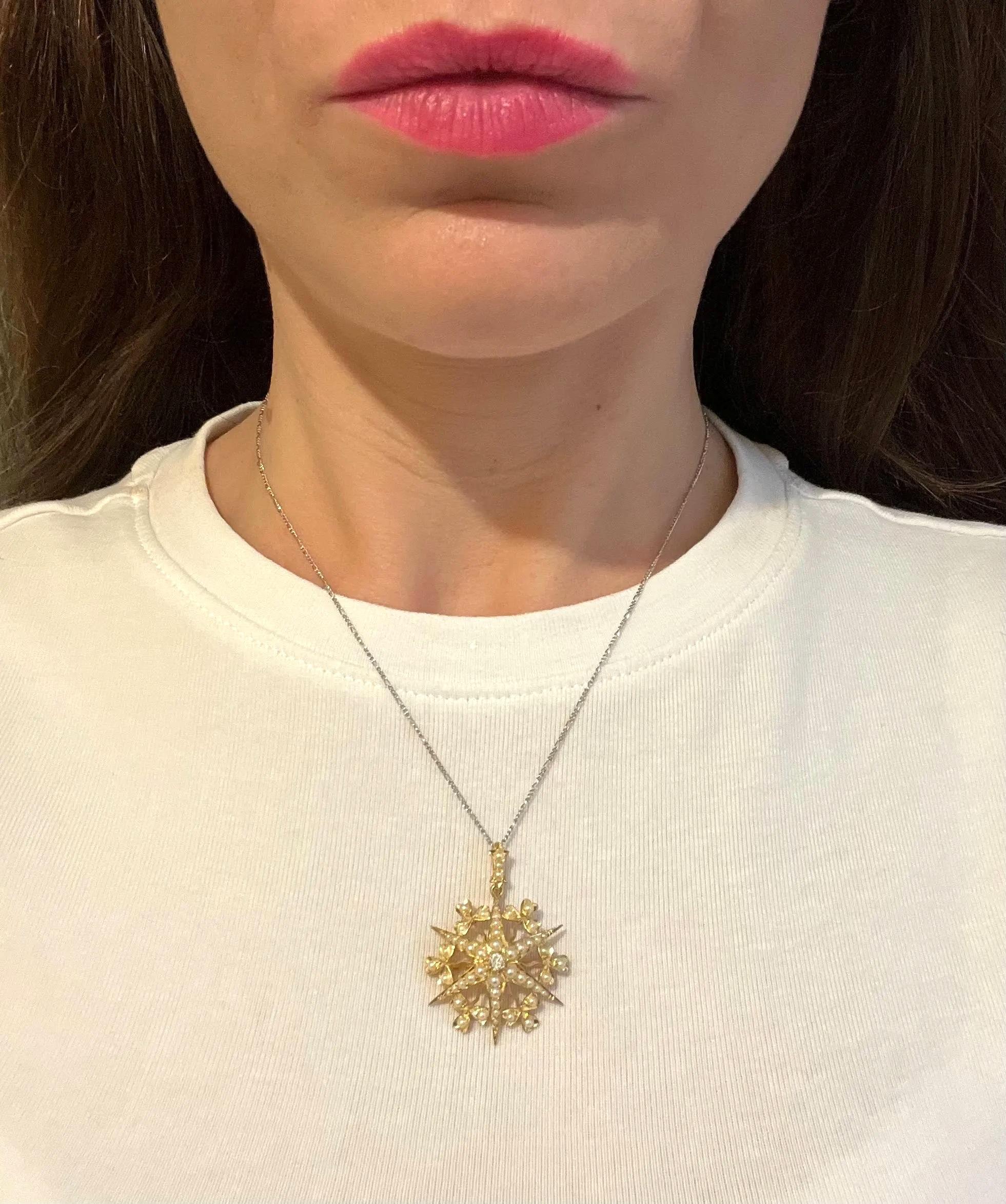 Edoardiano Antico ciondolo a stella con diamanti e perle in oro 15ct di Edwardi, CIRCA 1910 in vendita