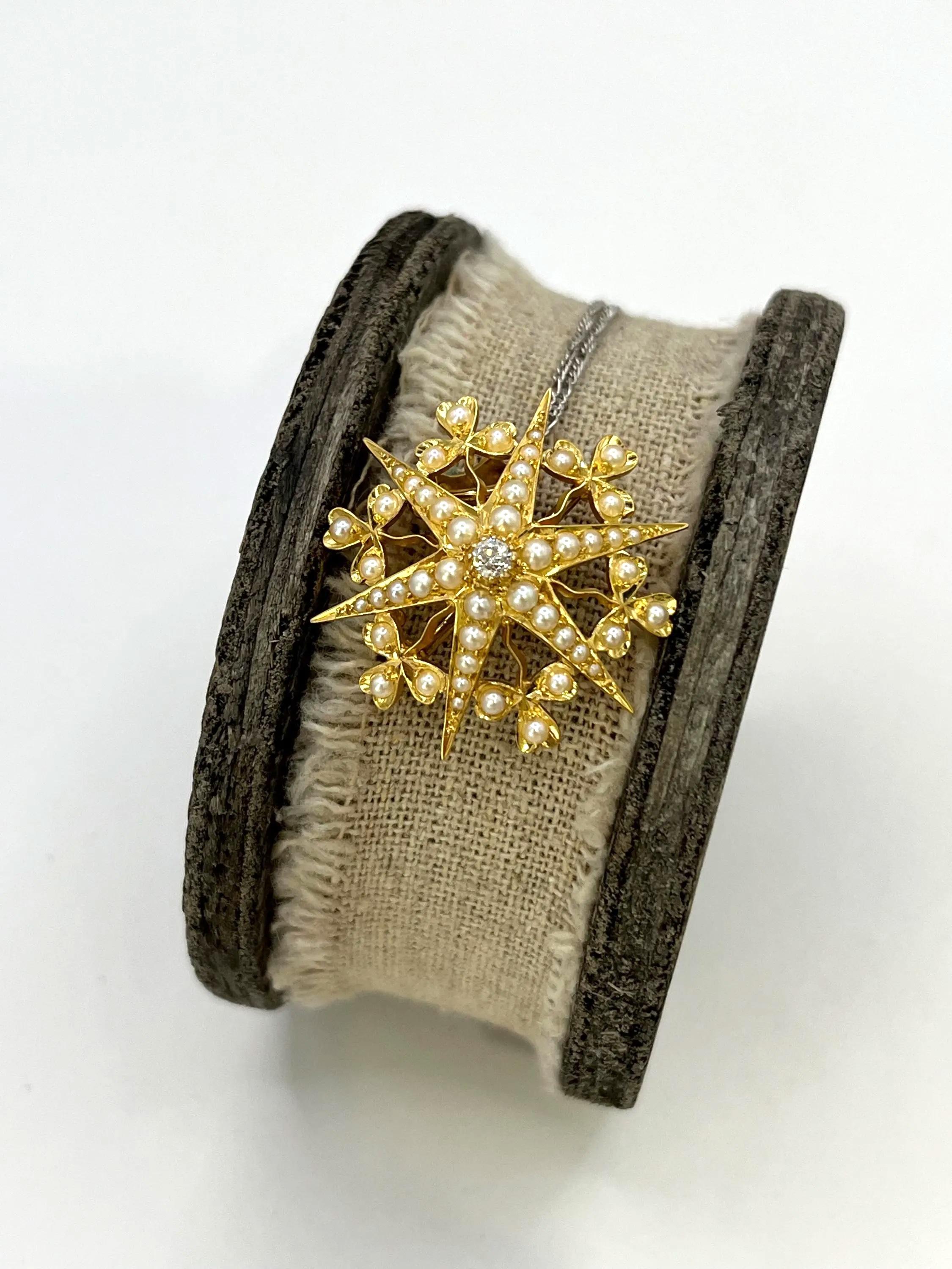 da uomo o donna Antico ciondolo a stella con diamanti e perle in oro 15ct di Edwardi, CIRCA 1910 in vendita