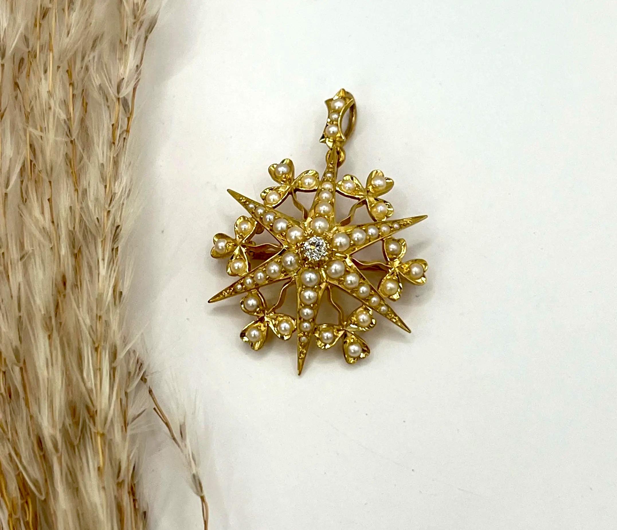 Antico ciondolo a stella con diamanti e perle in oro 15ct di Edwardi, CIRCA 1910 in vendita 1
