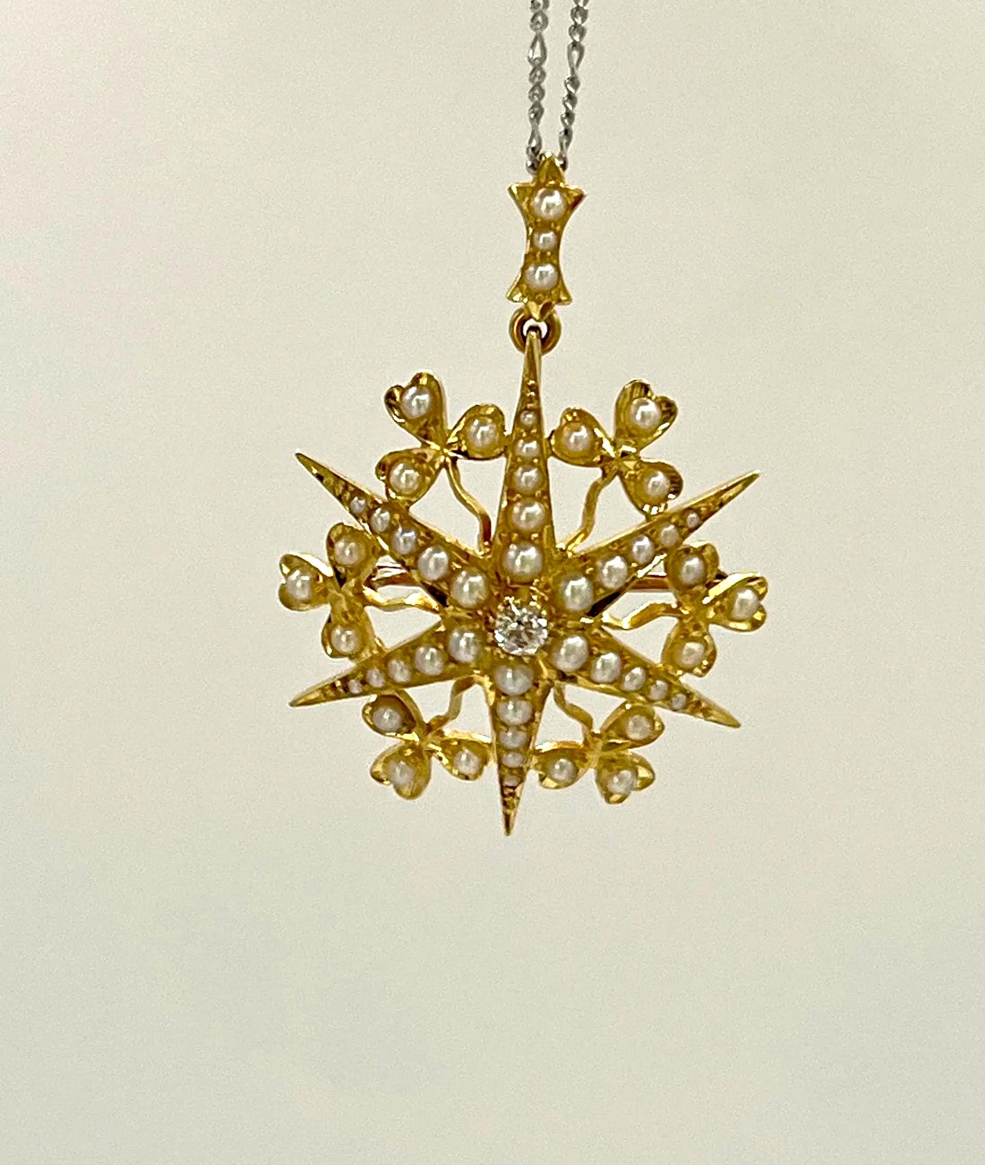Antico ciondolo a stella con diamanti e perle in oro 15ct di Edwardi, CIRCA 1910 in vendita 2