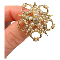 Antique 15ct Gold, Edwardian Diamond & Seed Pearl Crescent Star Brooch/Pendent