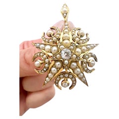 Antique 15ct Gold, Edwardian Diamond & Seed Pearl Crescent Star Brooch / Pendent