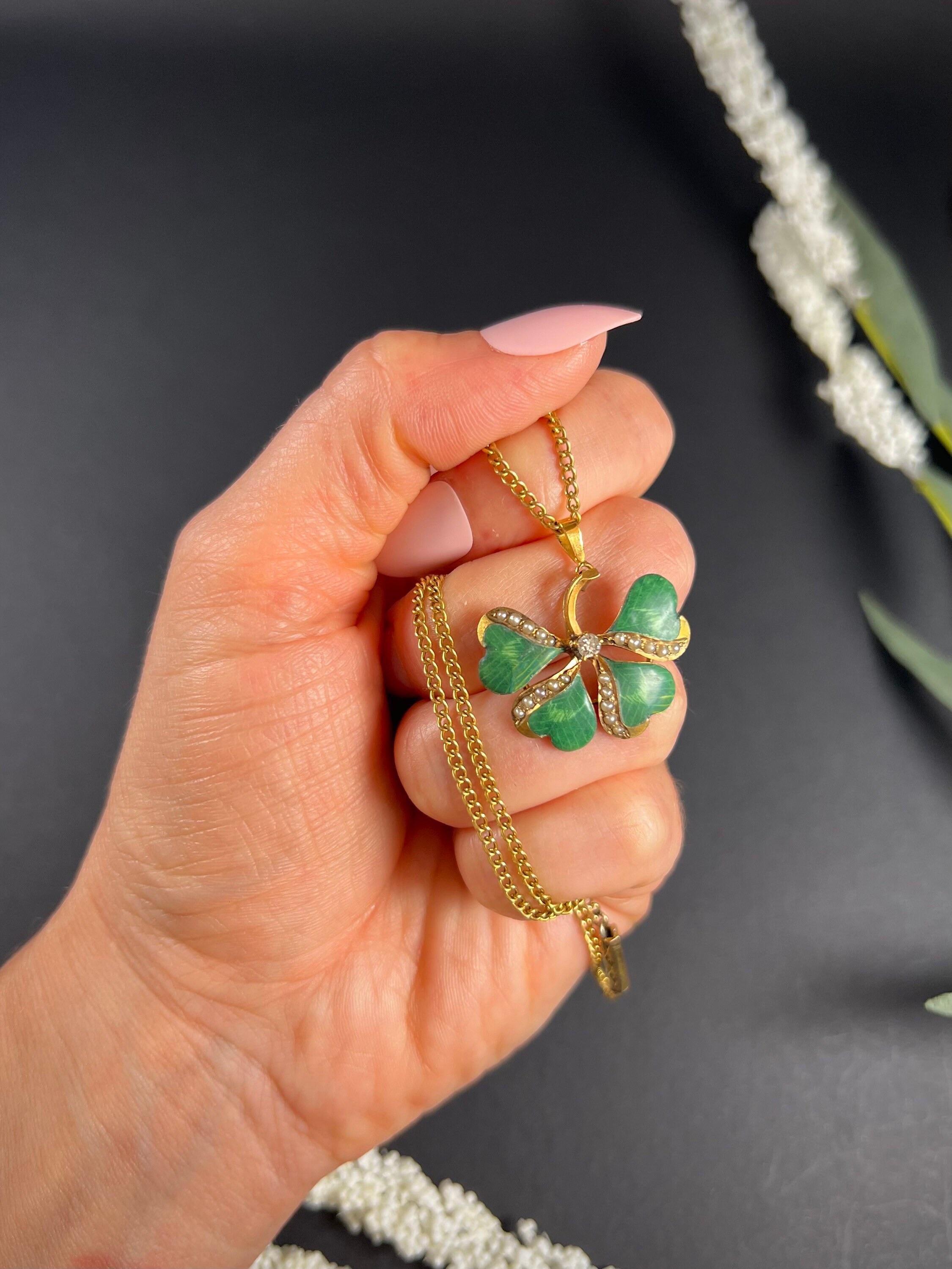 Women's or Men's Antique 15ct Gold Edwardian Enamel Four Leaf Clover Diamond Seed Pearl Pendant For Sale