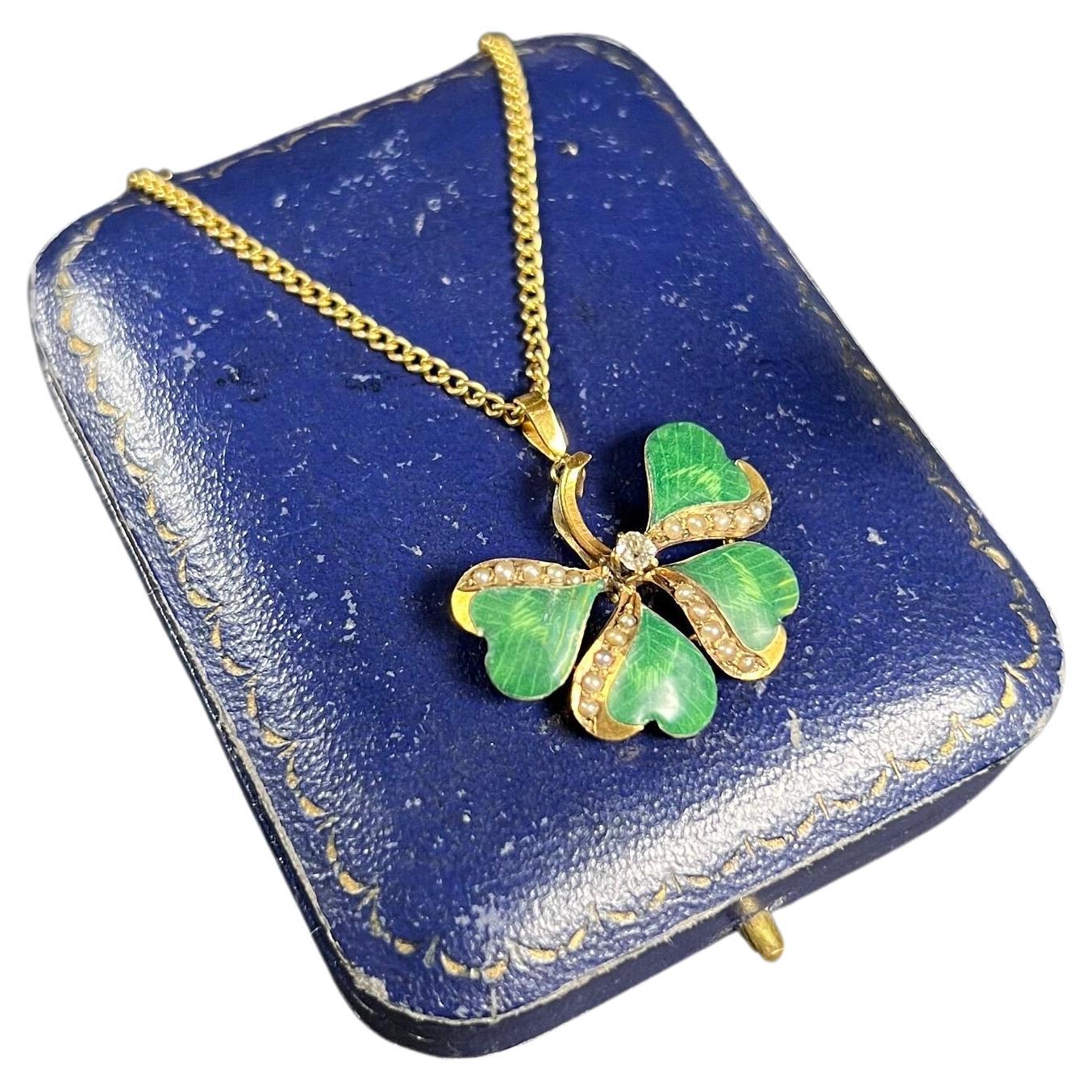 Antique 15ct Gold Edwardian Enamel Four Leaf Clover Diamond Seed Pearl Pendant For Sale