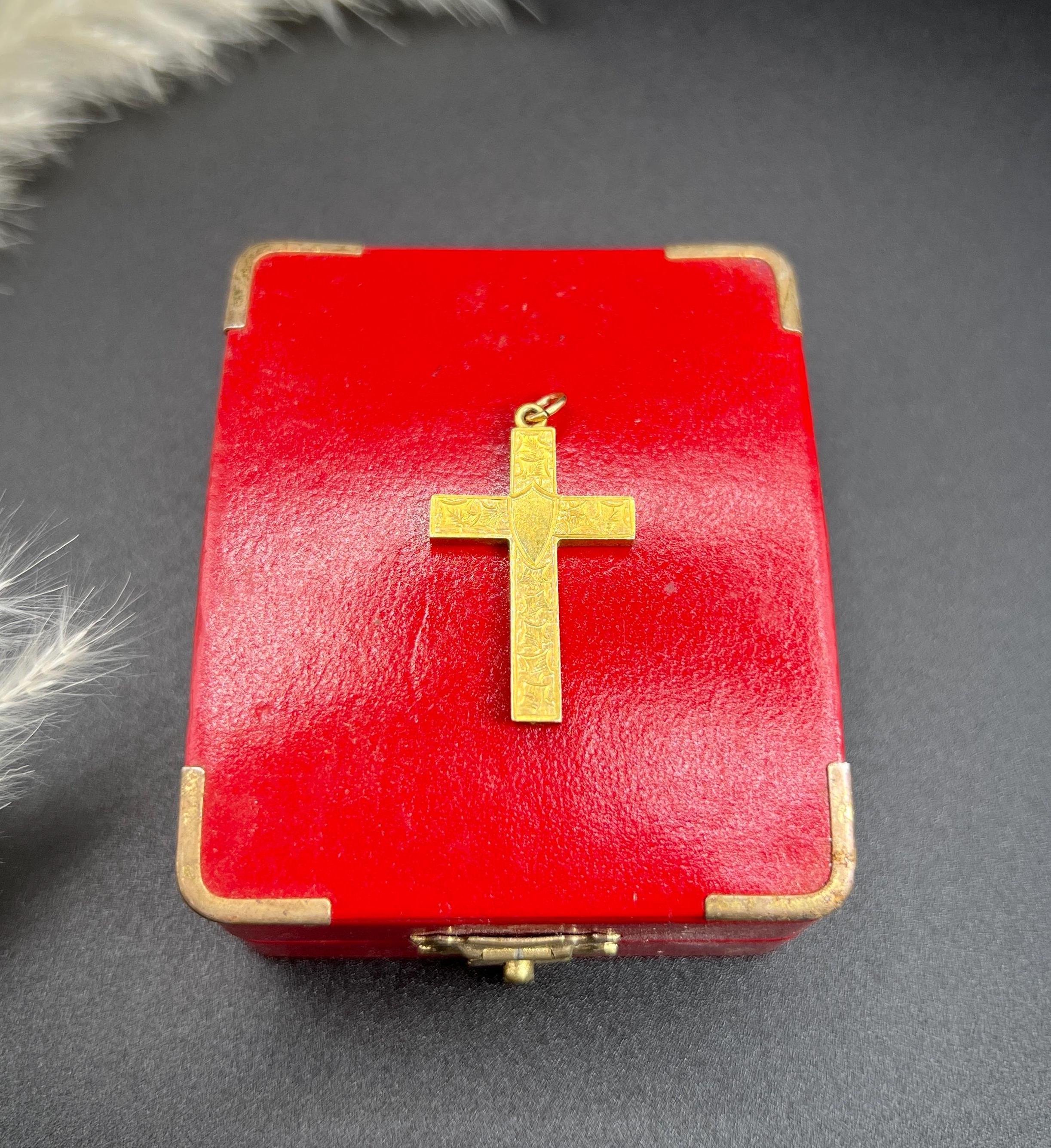  Pendentif édouardien ancien en or 15 carats avec croix gravée, poinçonné Birmingham 1905 Unisexe 
