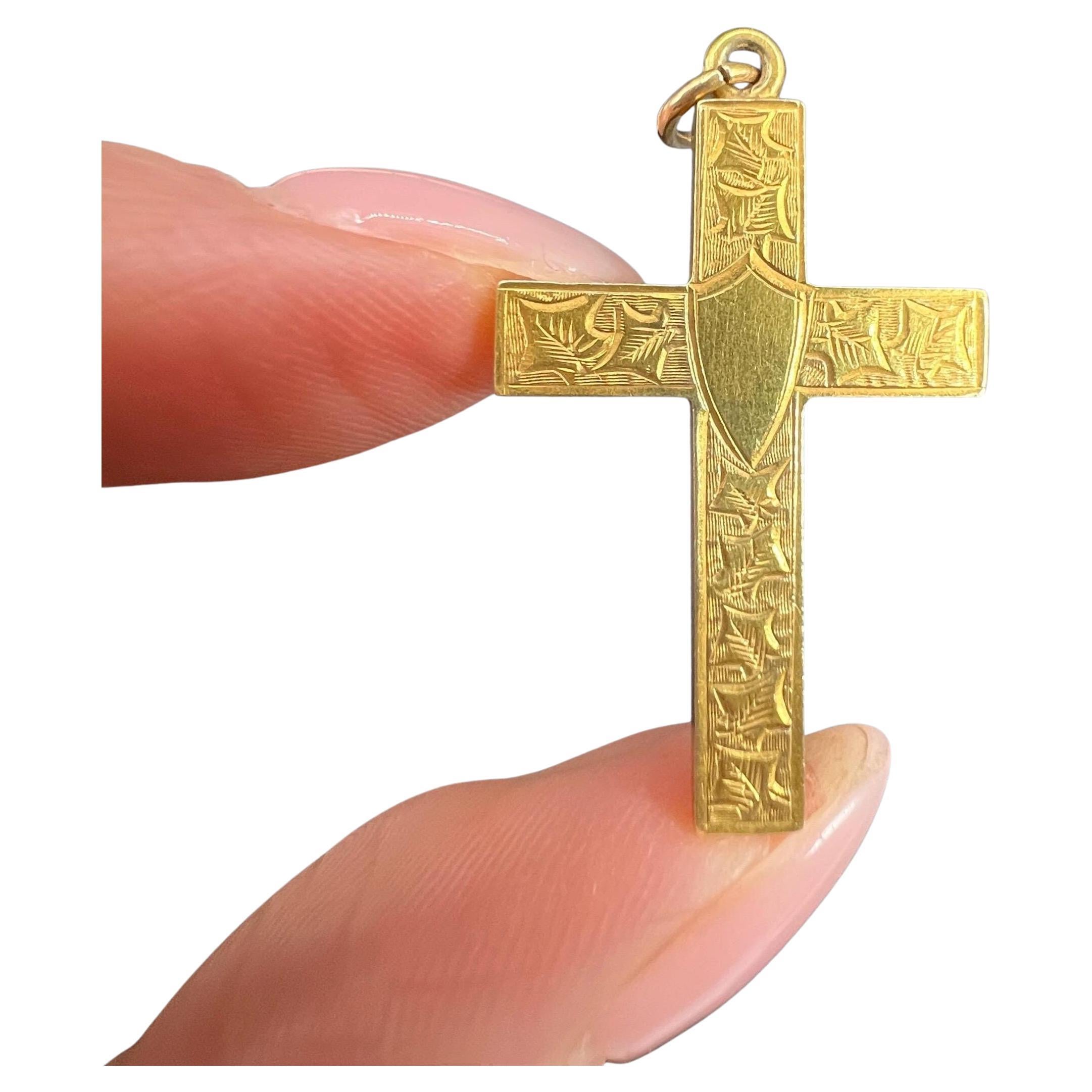 Pendentif �édouardien ancien en or 15 carats avec croix gravée, poinçonné Birmingham 1905