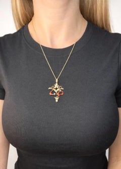 Antique 15ct Gold Edwardian era Red Enamel & Seed Pearl Floral Pendant