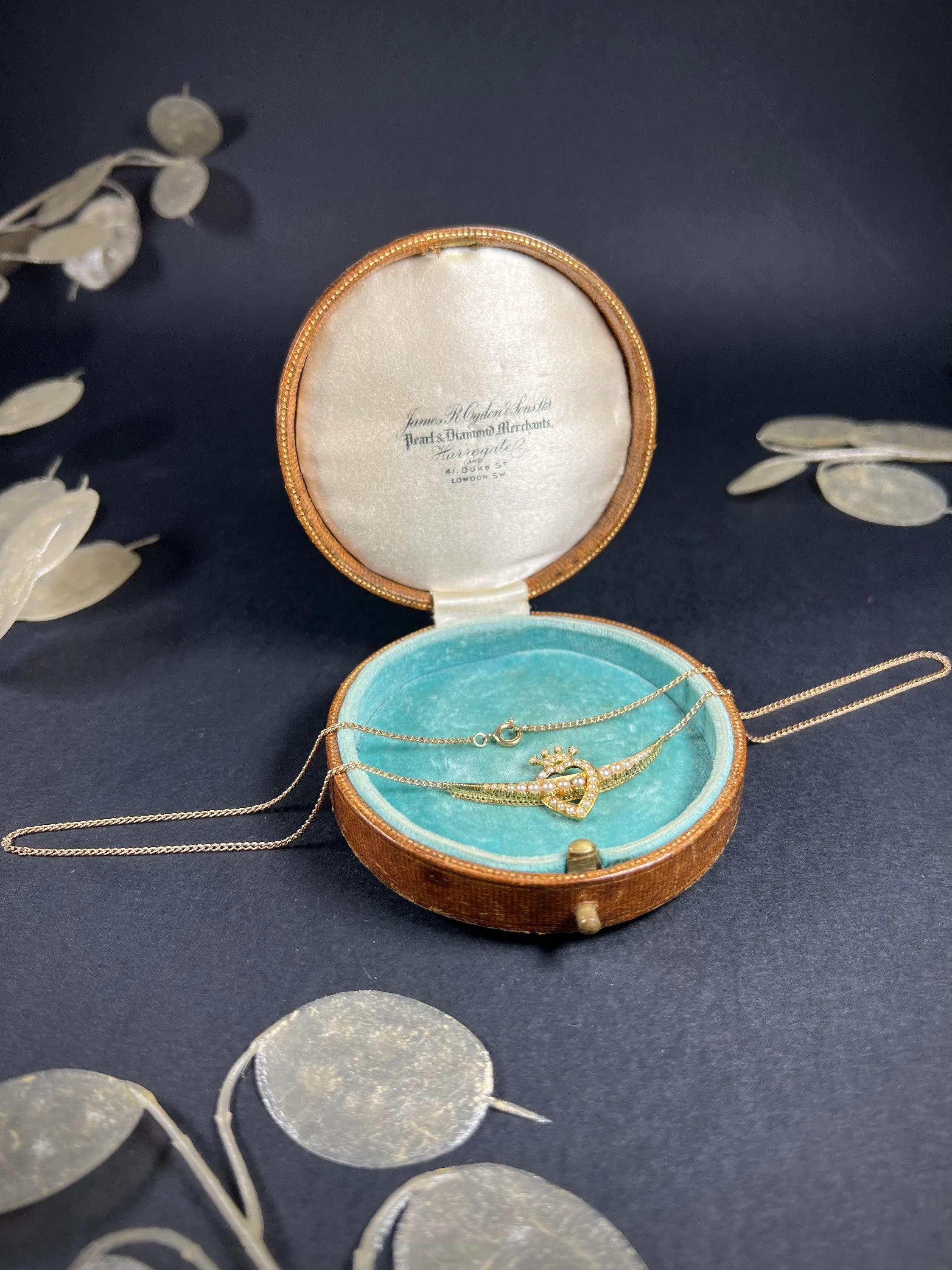 Antique 15ct Gold Edwardian Heart, Crown, Crescent, Pearl Pendant Necklace For Sale 6
