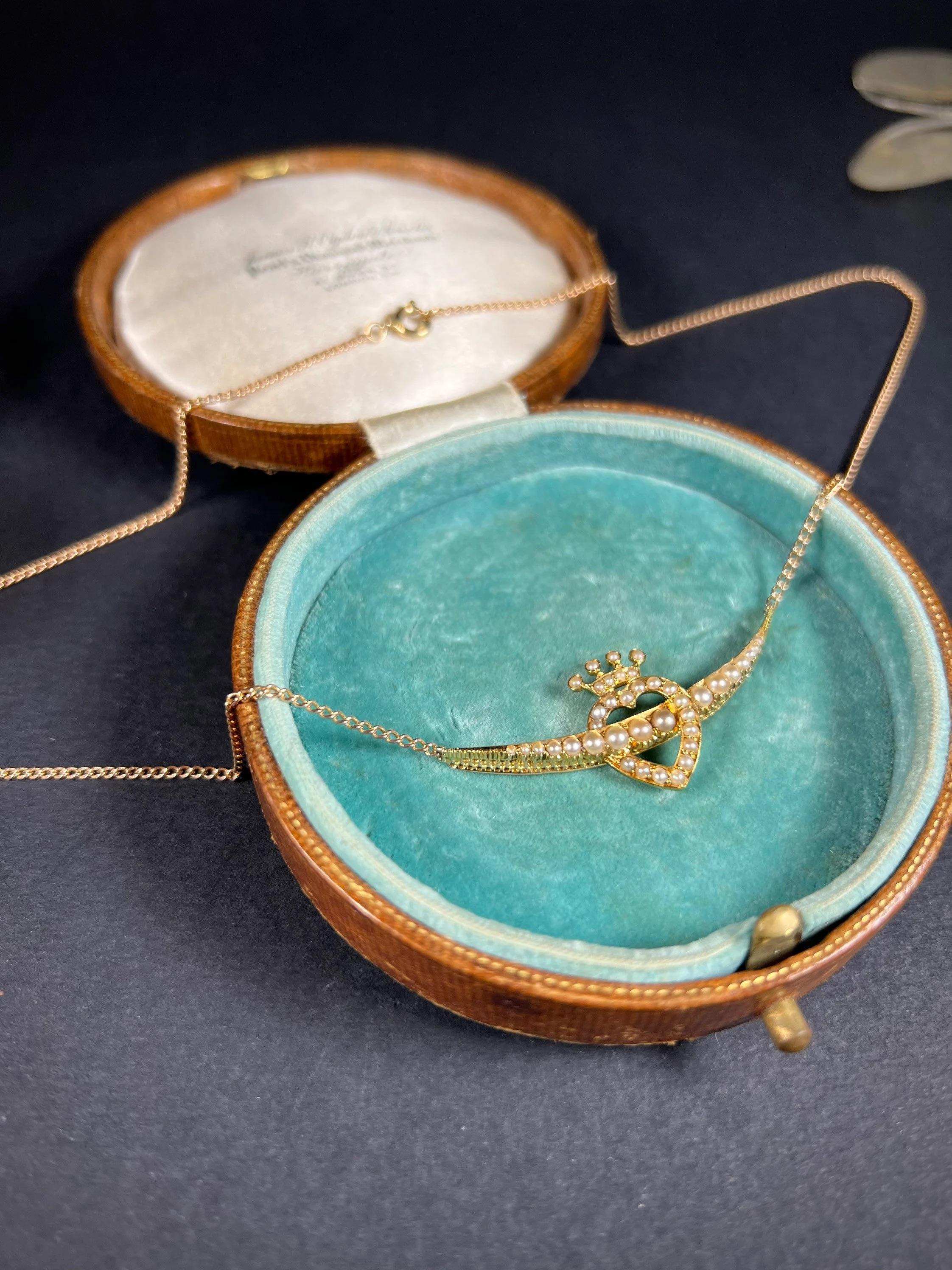Women's or Men's Antique 15ct Gold Edwardian Heart, Crown, Crescent, Pearl Pendant Necklace For Sale