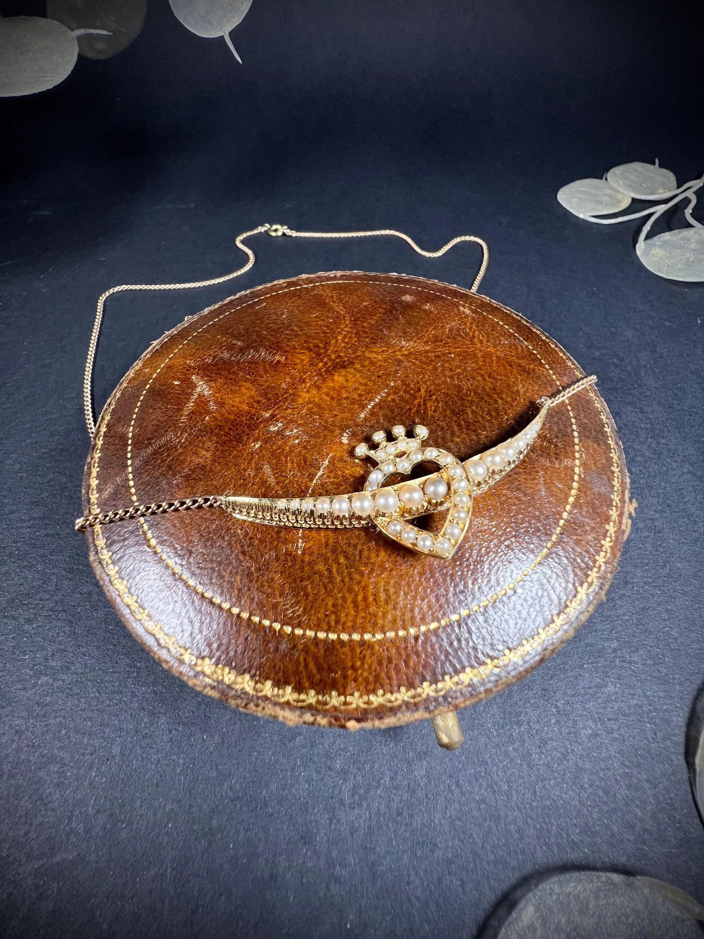 Antique 15ct Gold Edwardian Heart, Crown, Crescent, Pearl Pendant Necklace For Sale 1