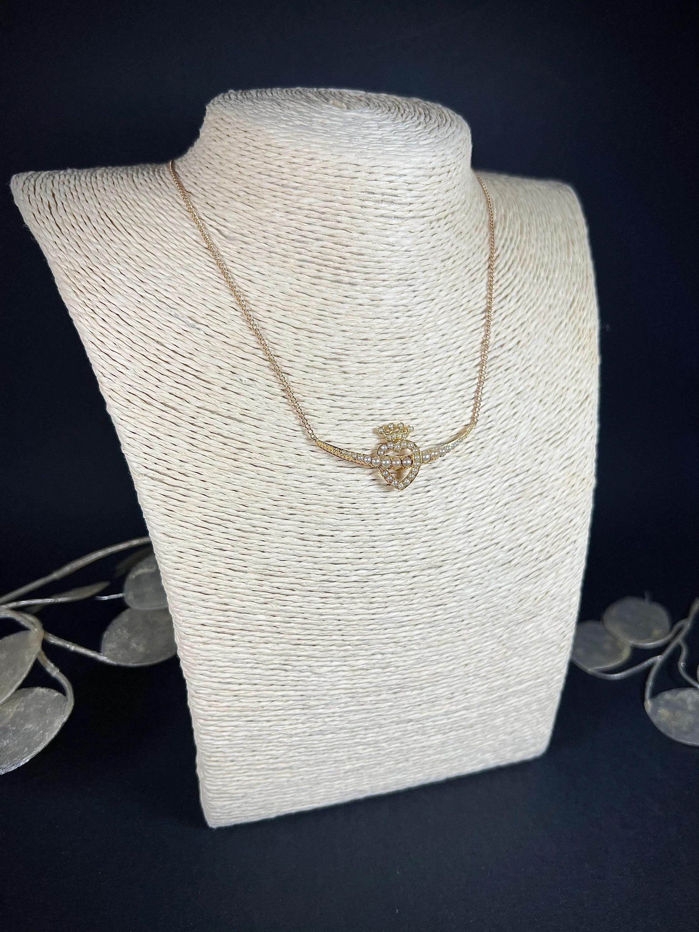 Antique 15ct Gold Edwardian Heart, Crown, Crescent, Pearl Pendant Necklace For Sale 4