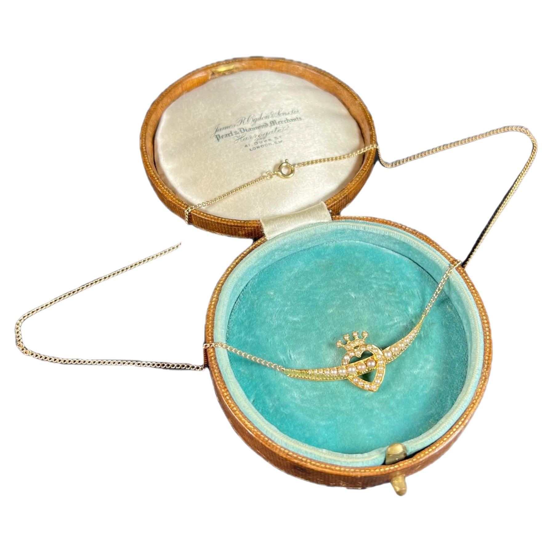 Antique 15ct Gold Edwardian Heart, Crown, Crescent, Pearl Pendant Necklace For Sale