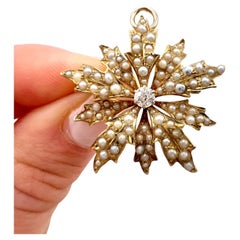 Antique 15ct Gold, Edwardian Natural Seed Pearl & Diamond Flower Pendant/Brooch