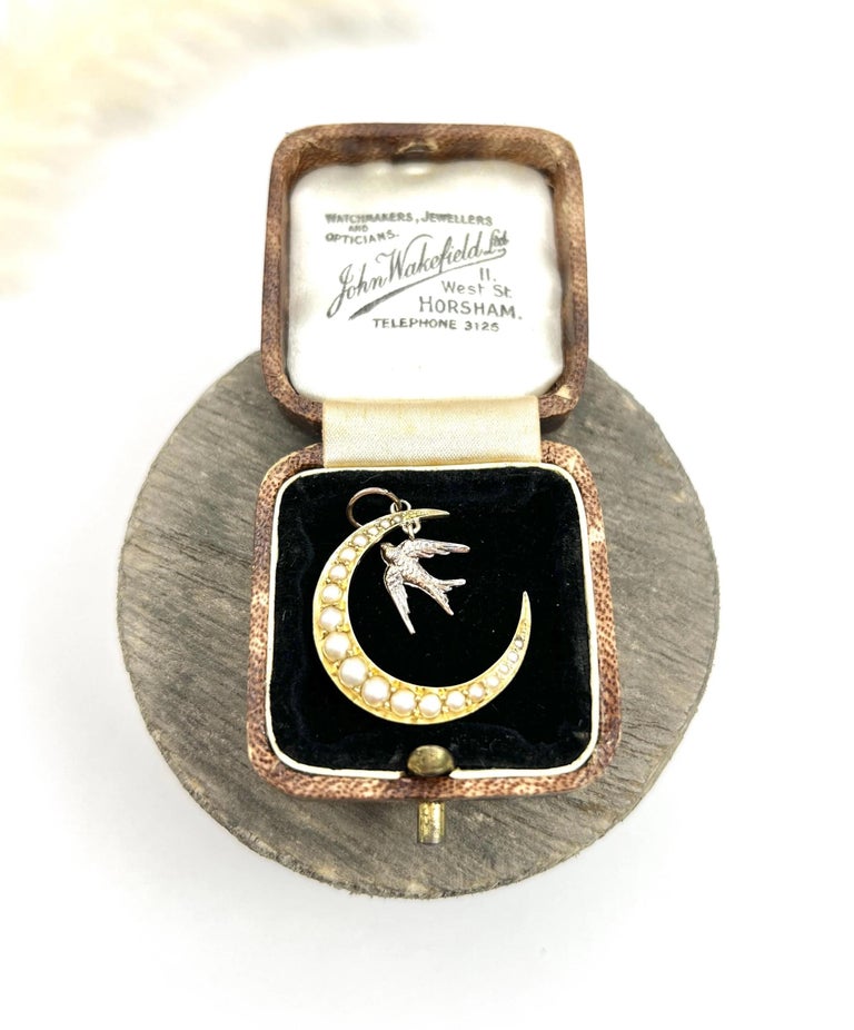 Pendentif Ancien Or Rose 18k - Forme Croissant De Lune Avec Perles Et Pie - Occasion - Perle D’eau Douce
