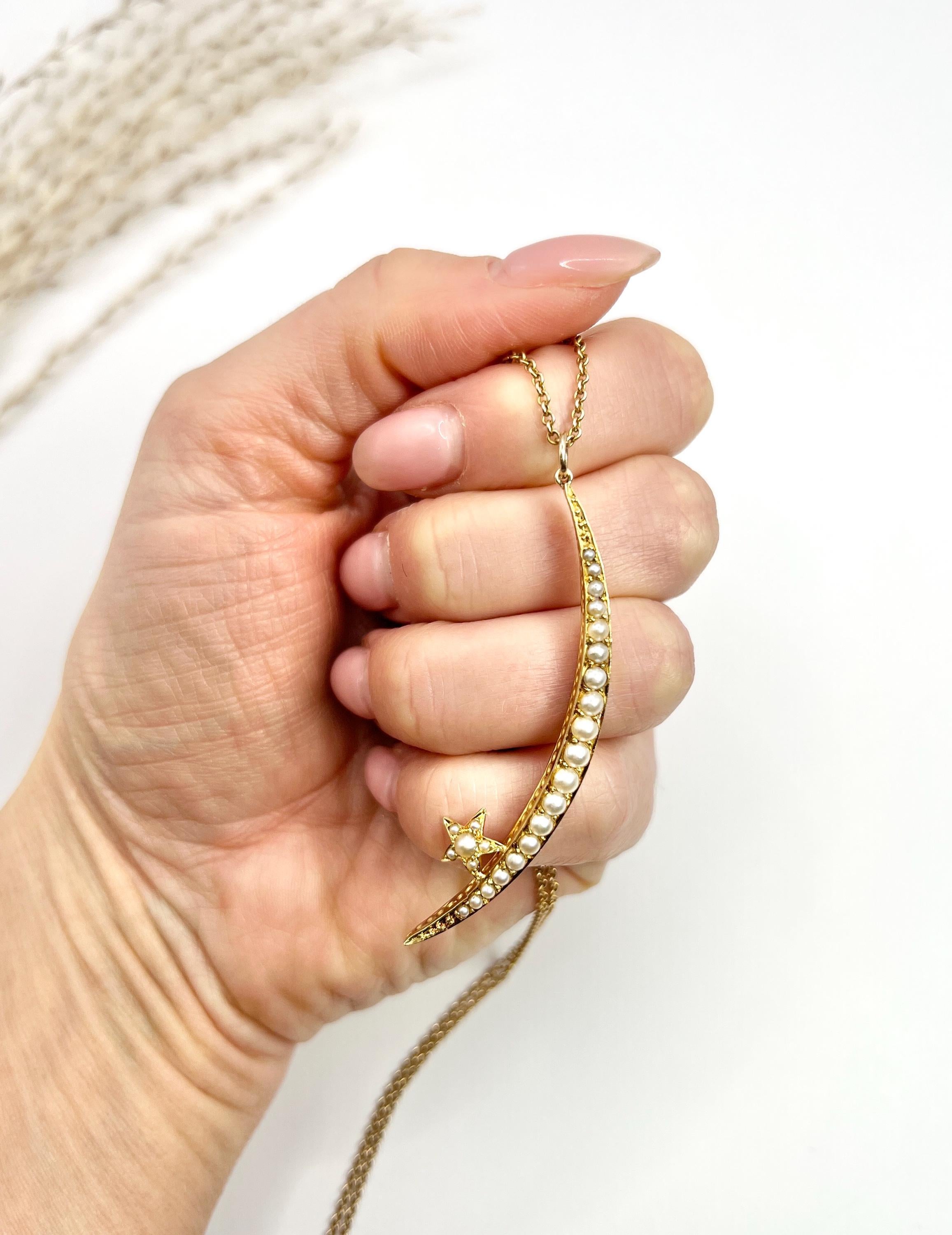 Ciondolo antico in oro 15ct e perle edoardiane a forma di mezzaluna e di stella in vendita 4