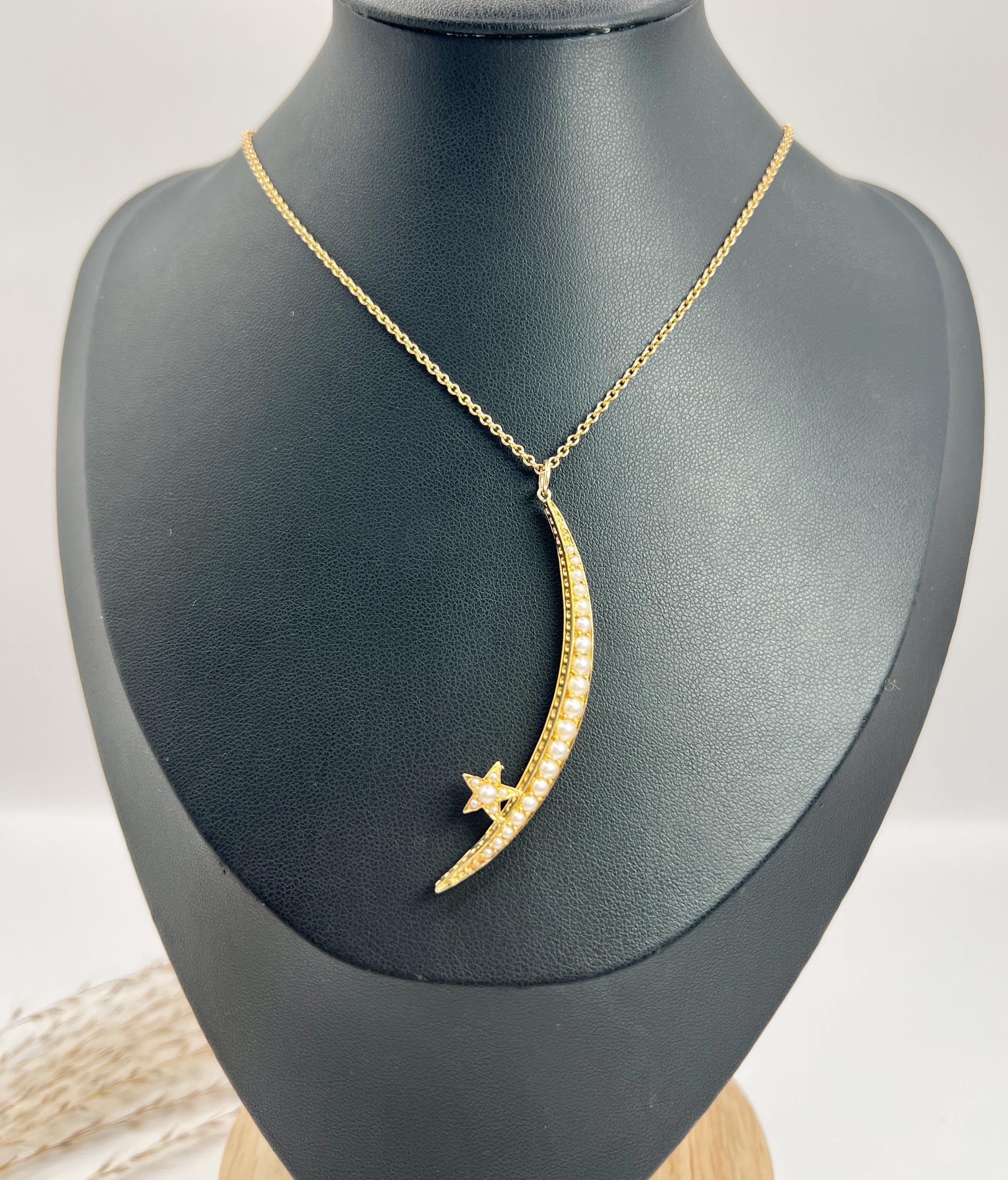 Ciondolo antico in oro 15ct e perle edoardiane a forma di mezzaluna e di stella in vendita 5