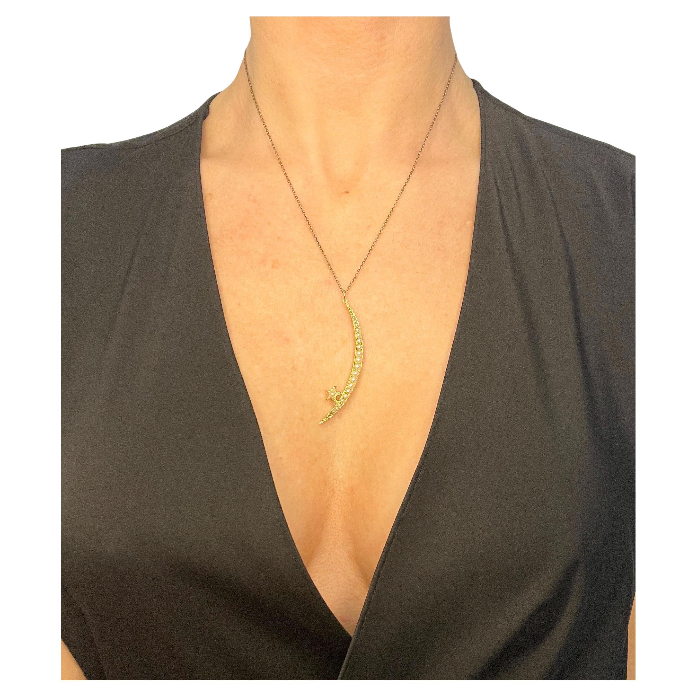 Antique 15ct Gold, Edwardian Pearl Crescent Moon & Star Pendant