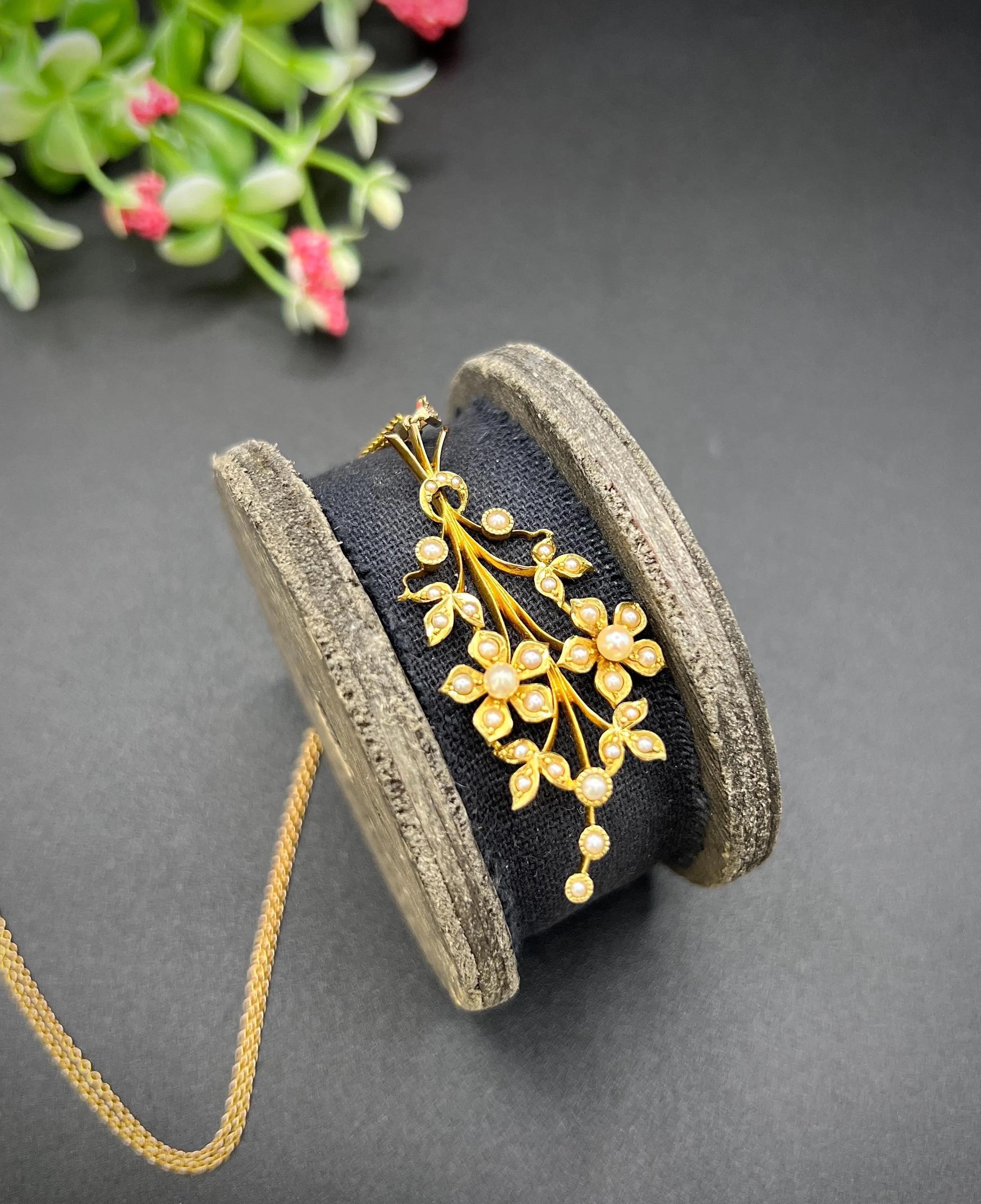 Pendentif ancien en or 15ct, perle édouardienne et diamant Bouquet de fleurs en spray en vente 4