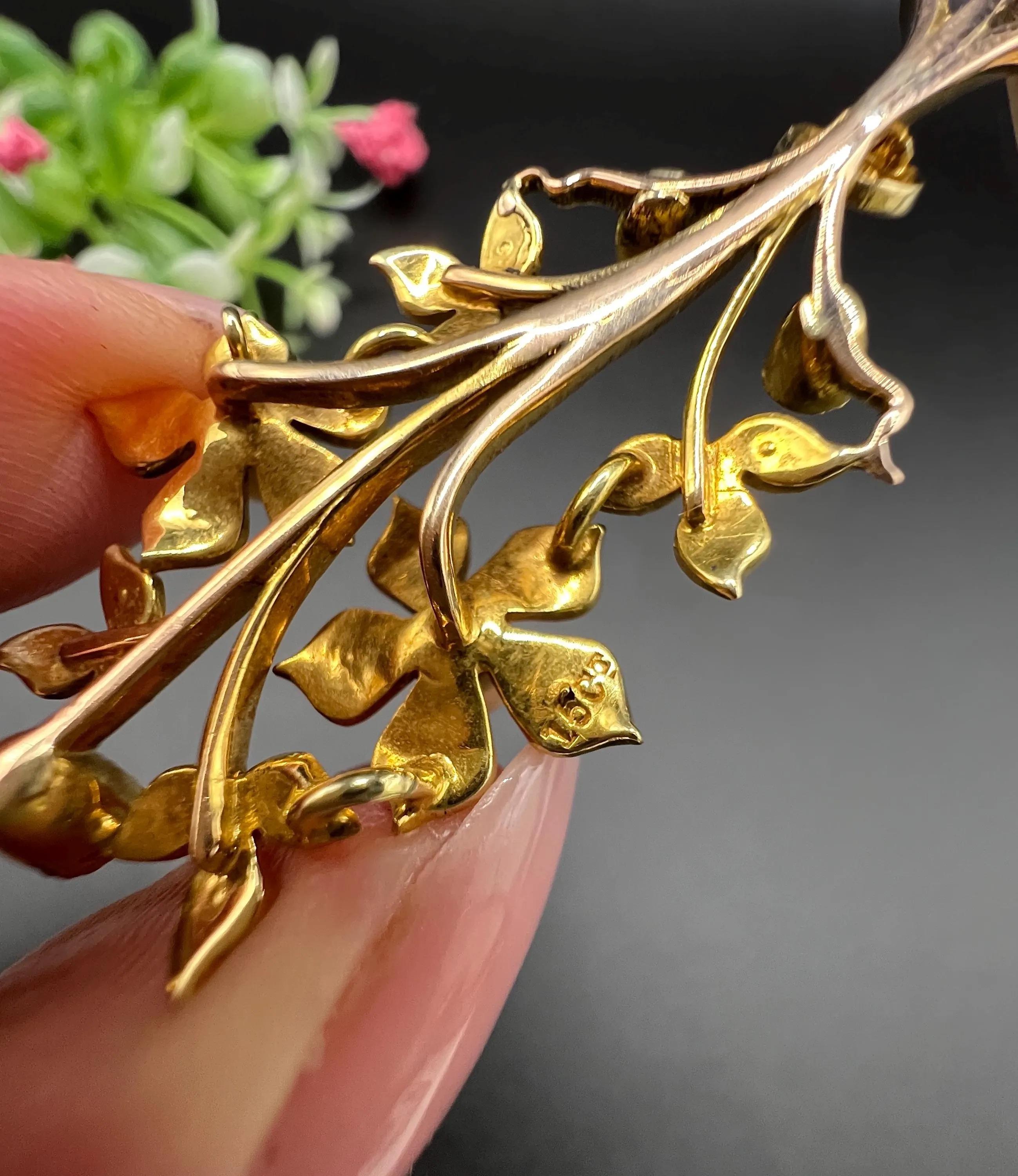 Pendentif ancien en or 15ct, perle édouardienne et diamant Bouquet de fleurs en spray en vente 2