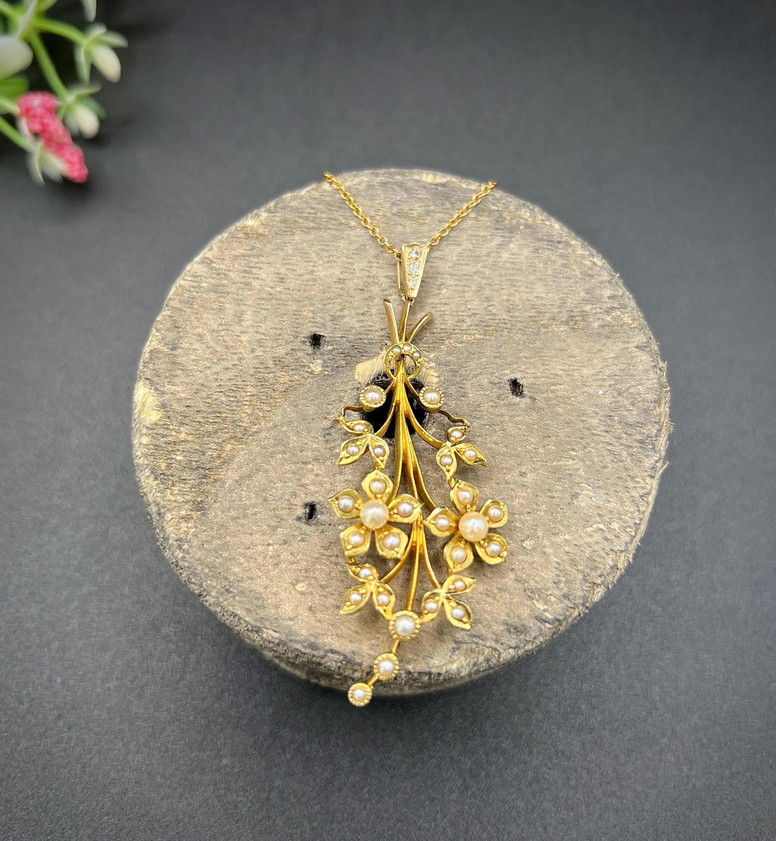 Pendentif ancien en or 15ct, perle édouardienne et diamant Bouquet de fleurs en spray en vente 3