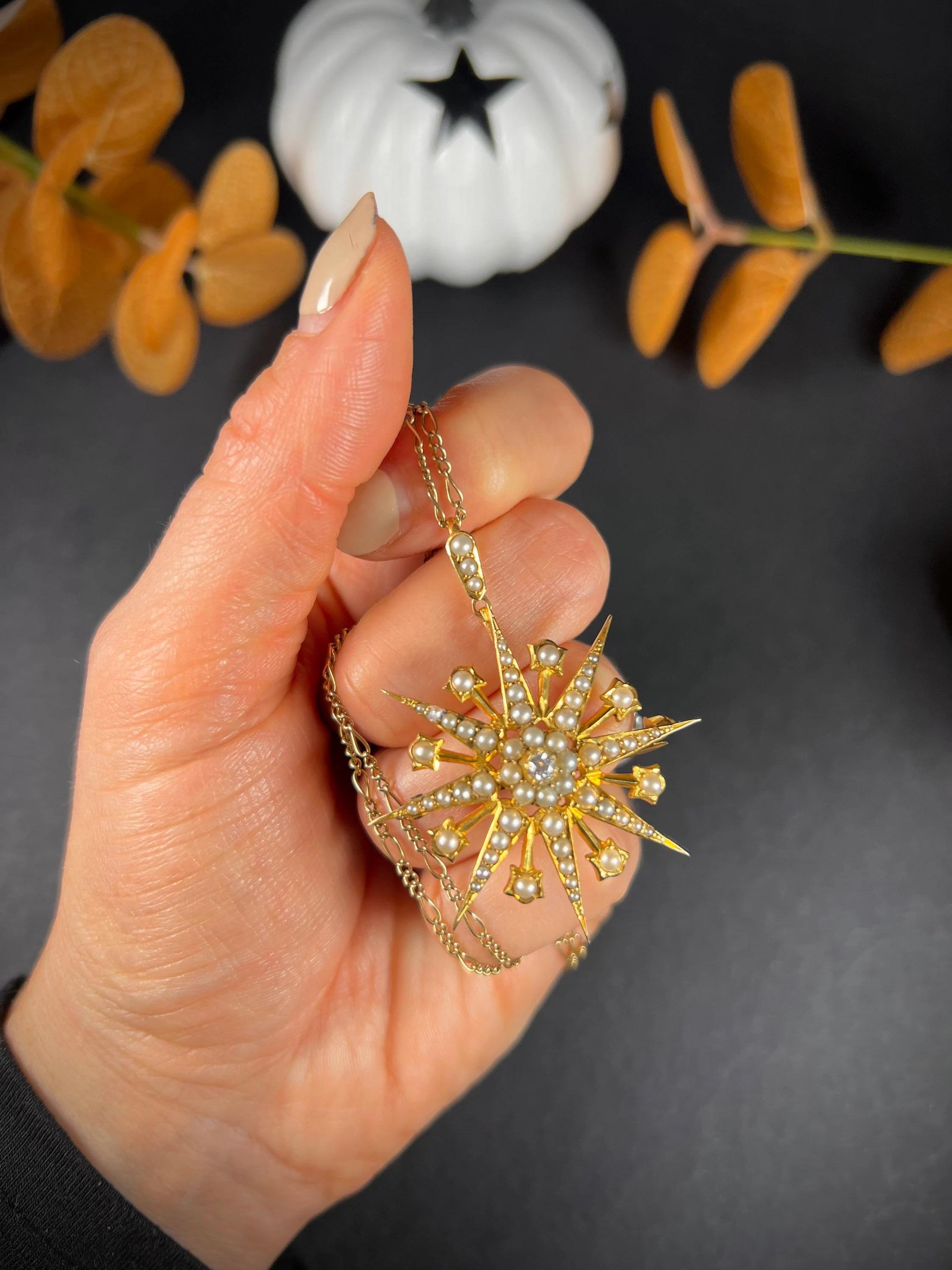 Antique Star Pendant/Brooch

15ct Gold Stamped

Circa 1900

Beautiful, Edwardian eight pointed star. Set with gorgeous natural seed pearls & a twinkling centre diamond. 
Can be worn as both a brooch & a pendant, the bail is removable & simply