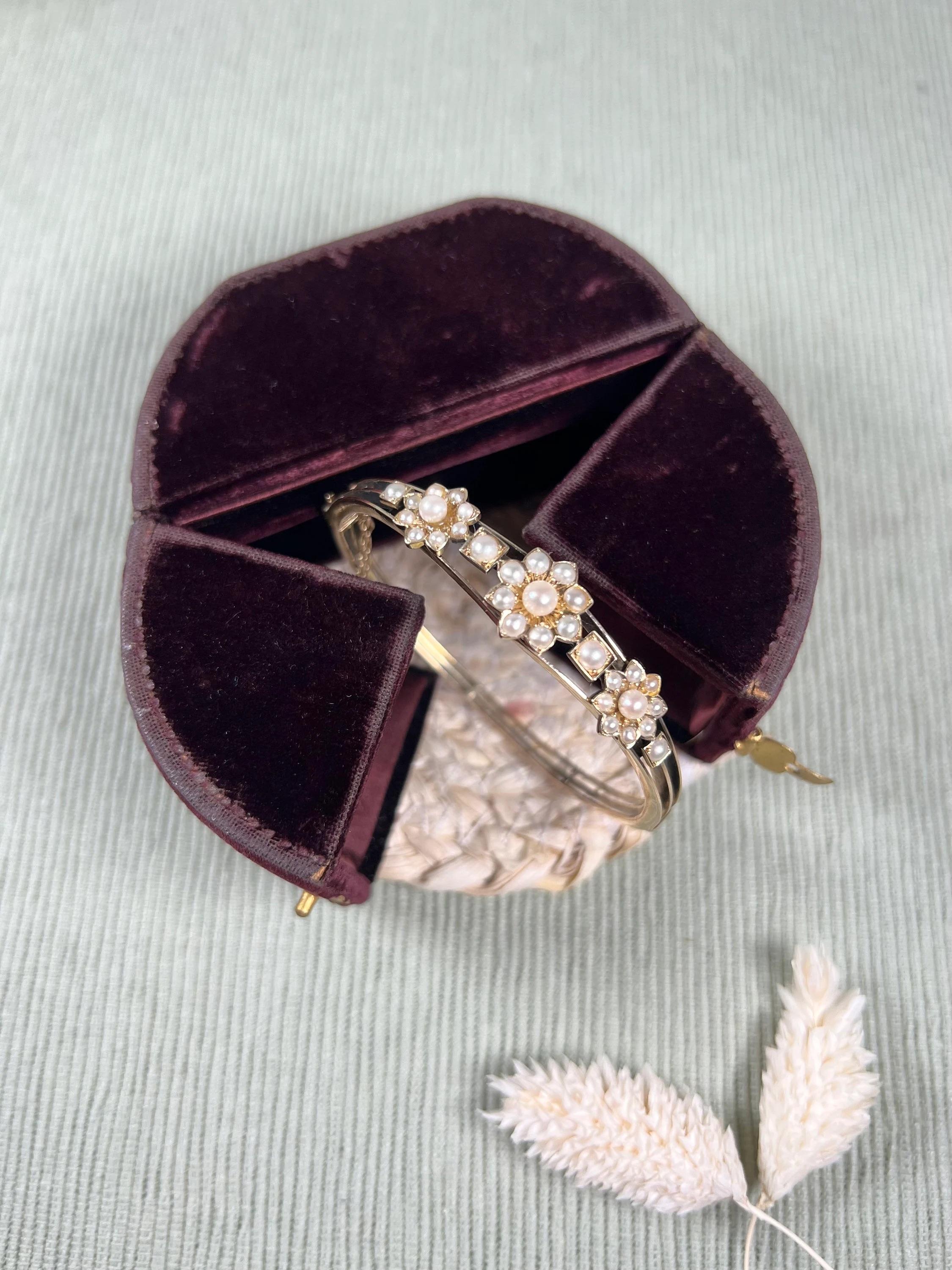 Antique 15ct Gold Edwardian Pearl Flower Bangle Bracelet 5