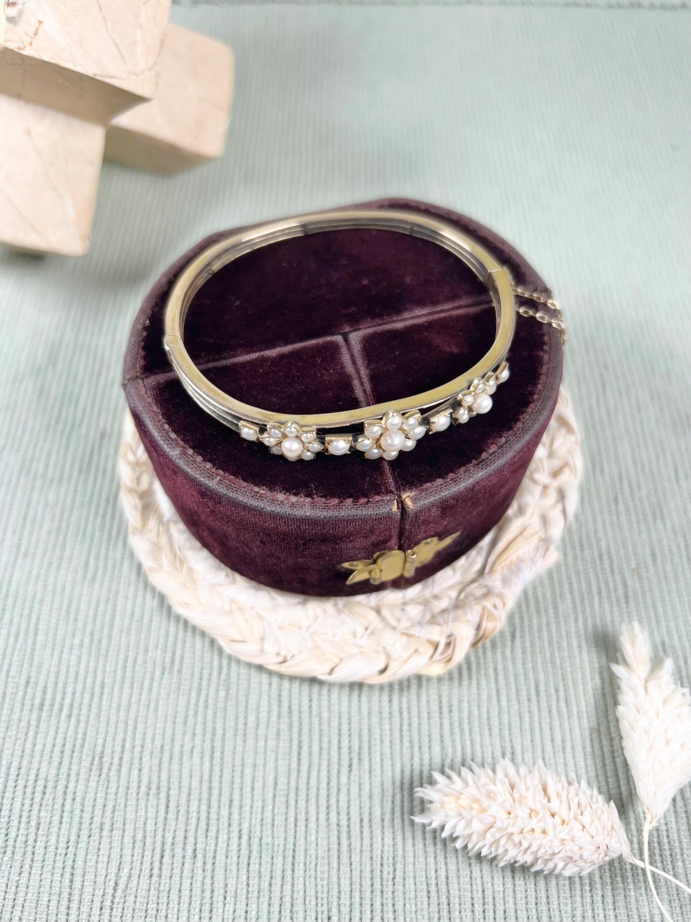Antique 15ct Gold Edwardian Pearl Flower Bangle Bracelet 6