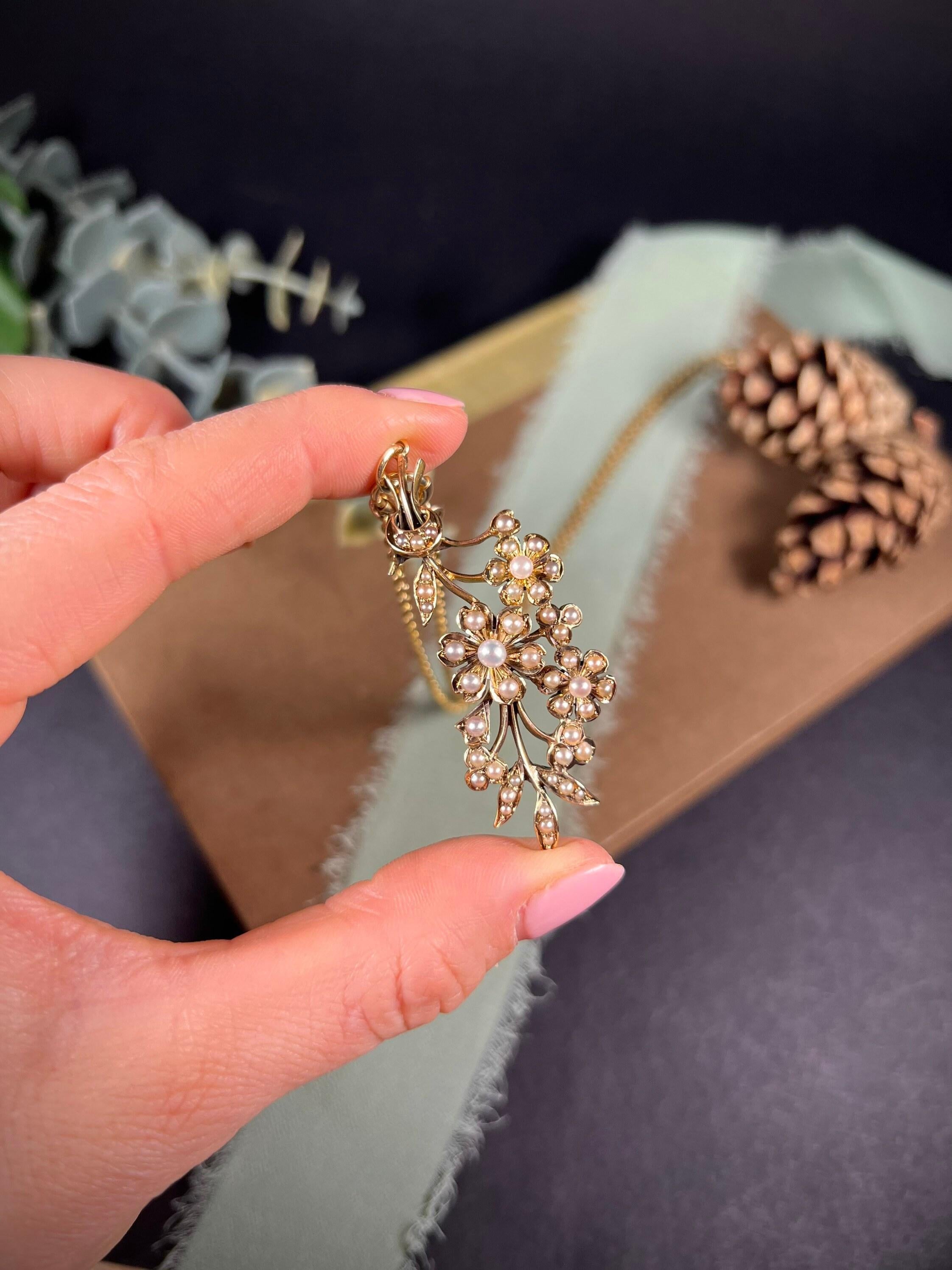 Women's or Men's Antique 15ct Gold Edwardian Pearl Flower Bouquet Pendant For Sale