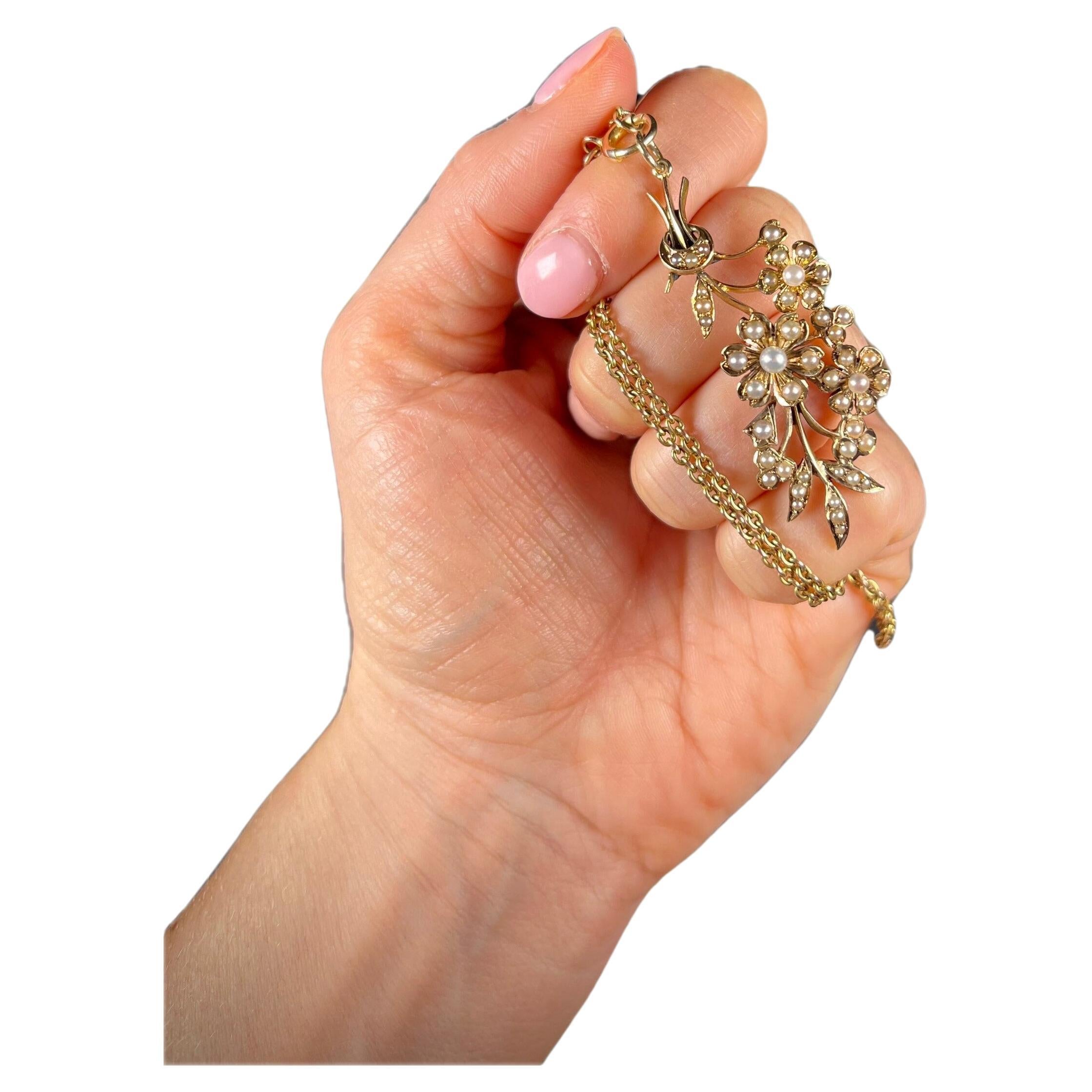 Pendentif bouquet de fleurs édouardien ancien en or 15 carats et perles