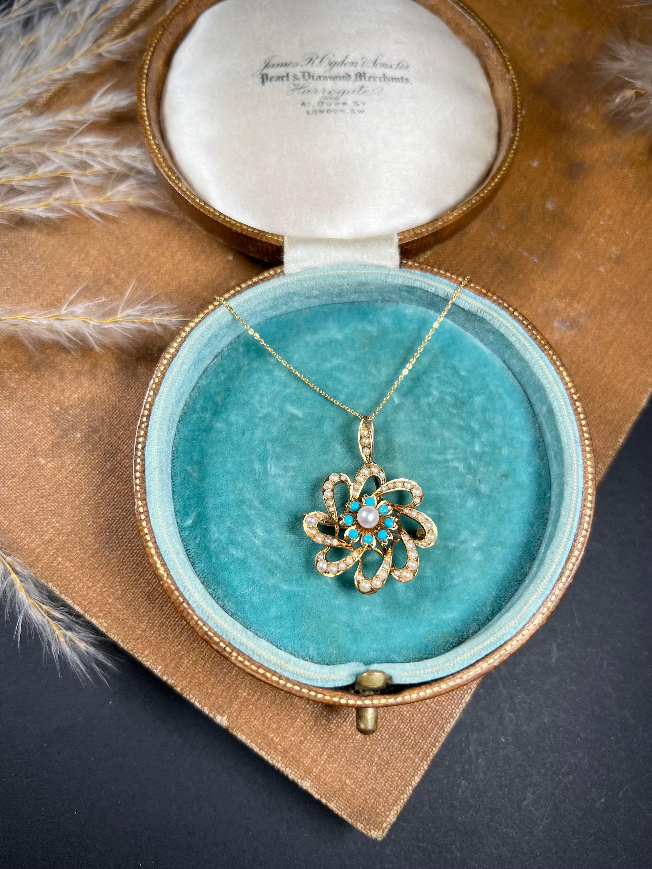 Antique 15ct Gold Edwardian Pearl & Turquoise Flower Pendant For Sale 4