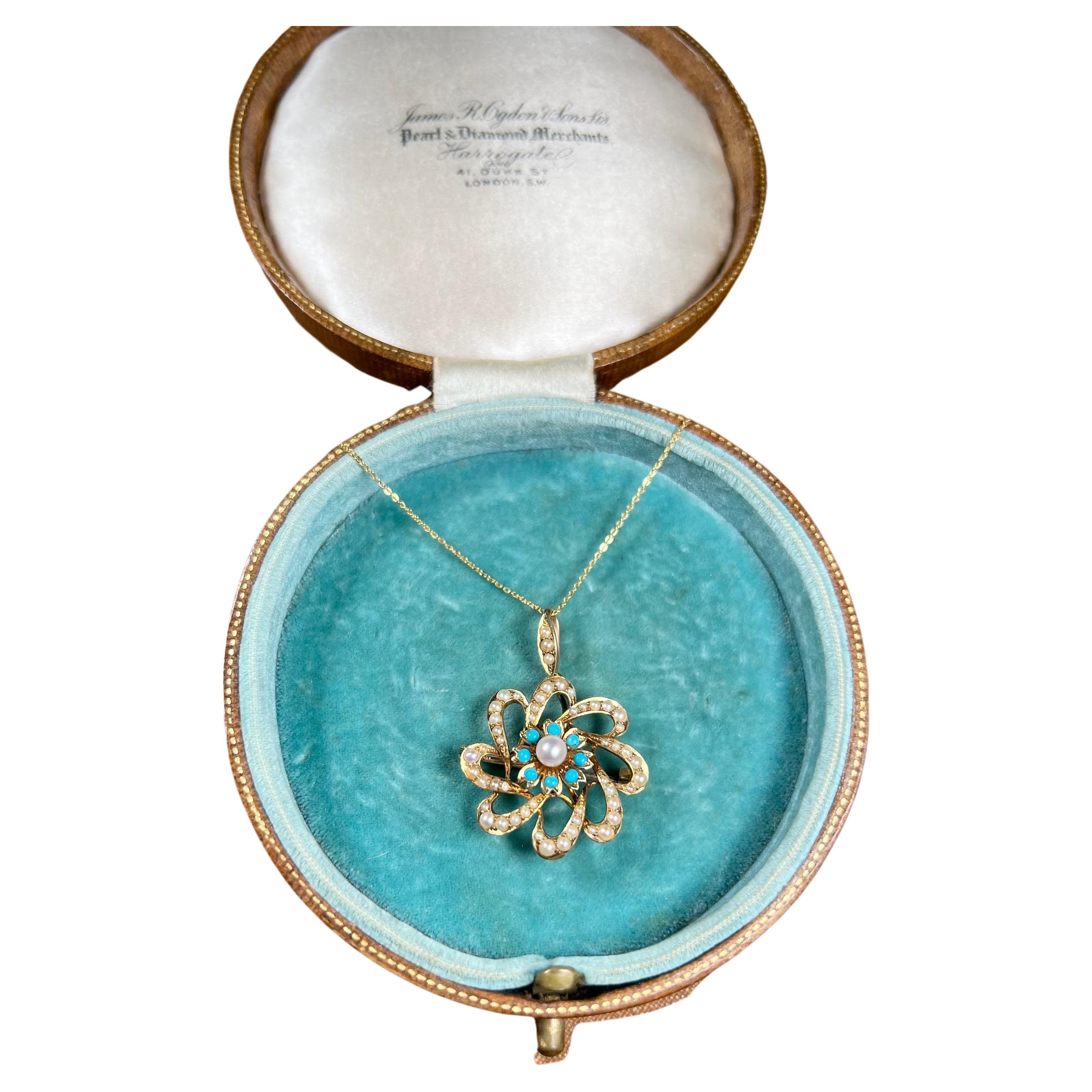 Antique 15ct Gold Edwardian Pearl & Turquoise Flower Pendant For Sale
