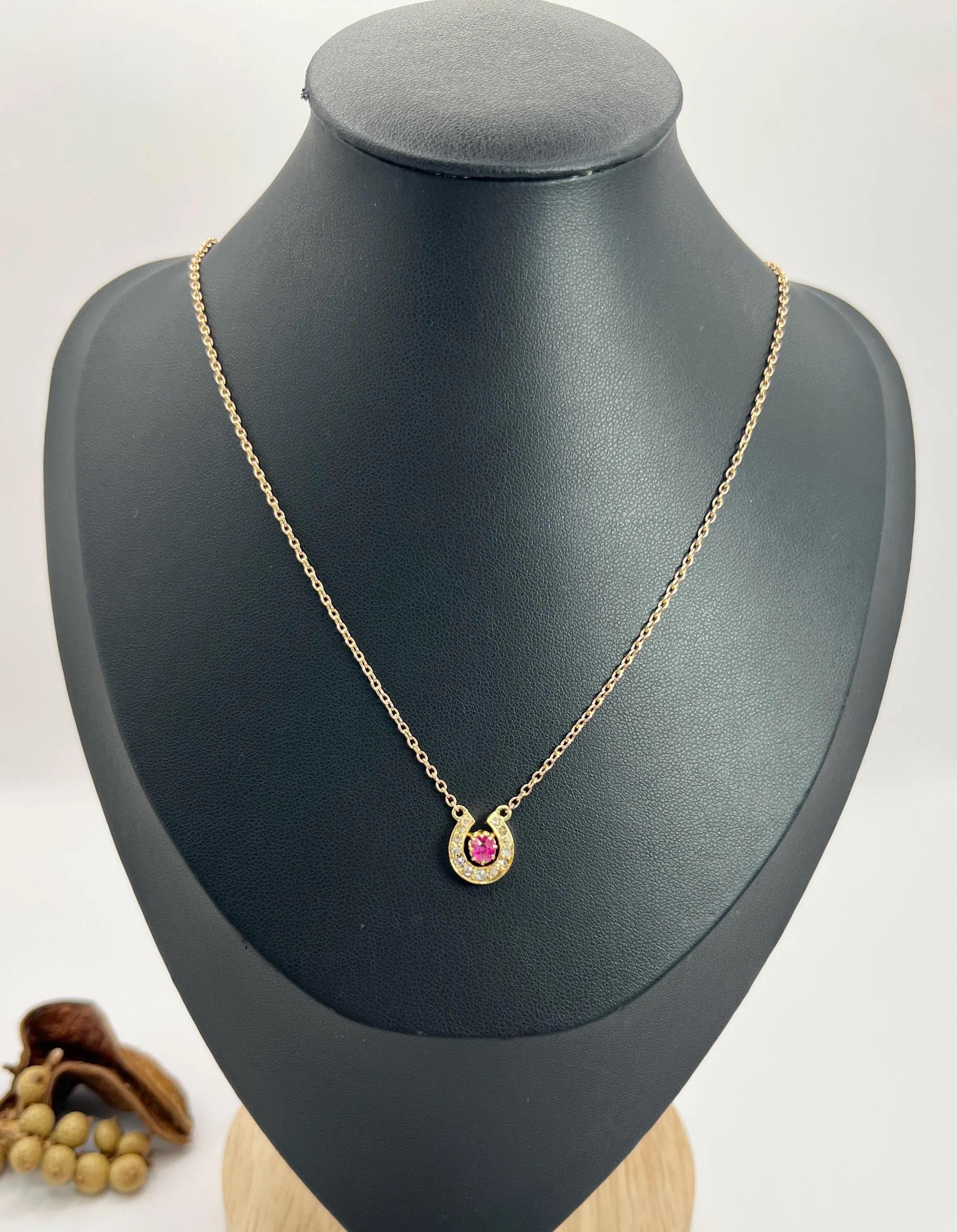 Rose Cut Antique 15ct Gold Edwardian Ruby & Diamond Lucky Horseshoe Pendant Necklace