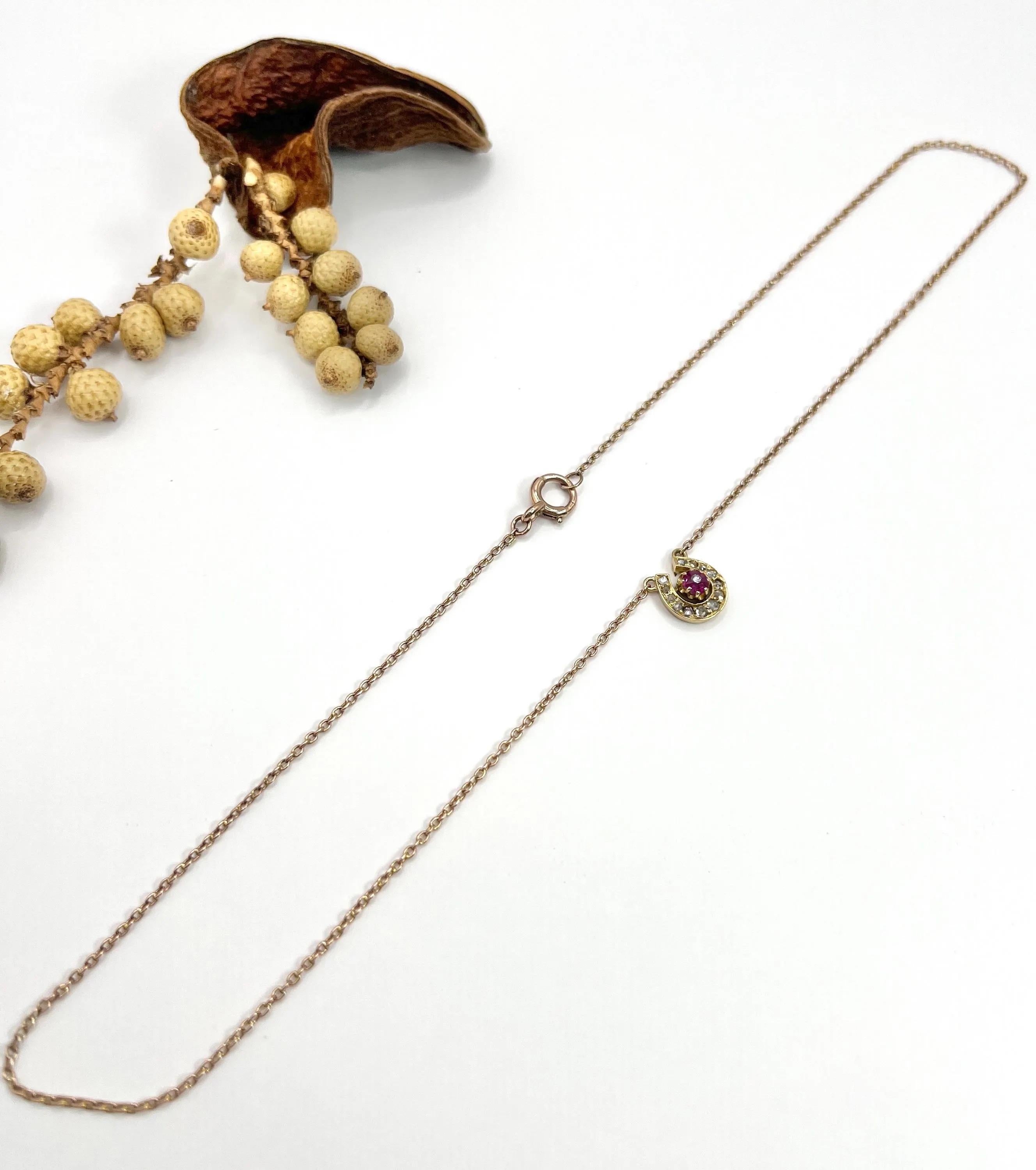 Women's or Men's Antique 15ct Gold Edwardian Ruby & Diamond Lucky Horseshoe Pendant Necklace