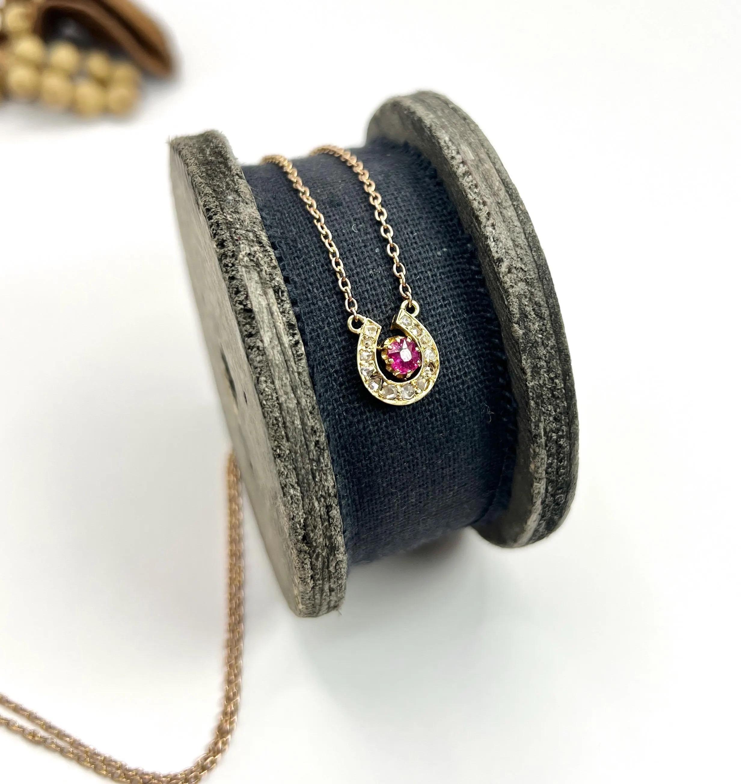 Antique 15ct Gold Edwardian Ruby & Diamond Lucky Horseshoe Pendant Necklace 1