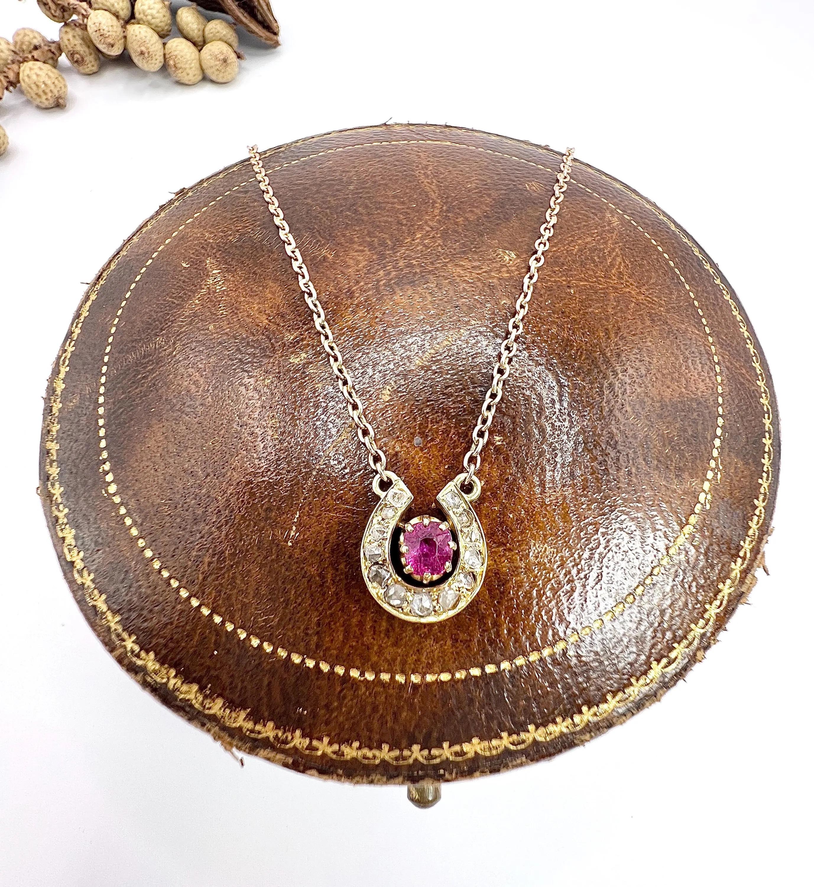 Antique 15ct Gold Edwardian Ruby & Diamond Lucky Horseshoe Pendant Necklace 2