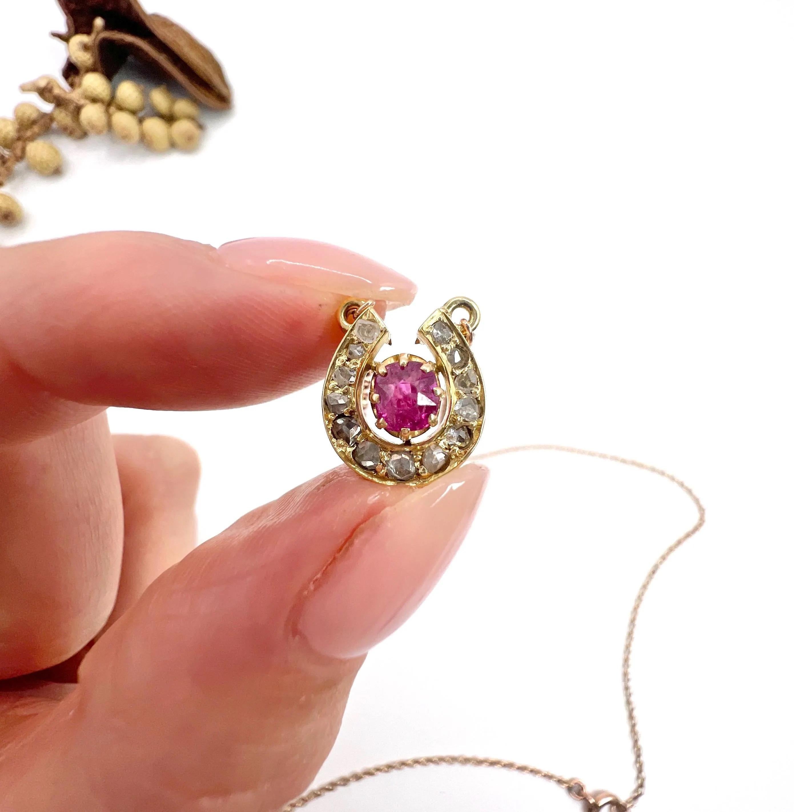 Antique 15ct Gold Edwardian Ruby & Diamond Lucky Horseshoe Pendant Necklace 3