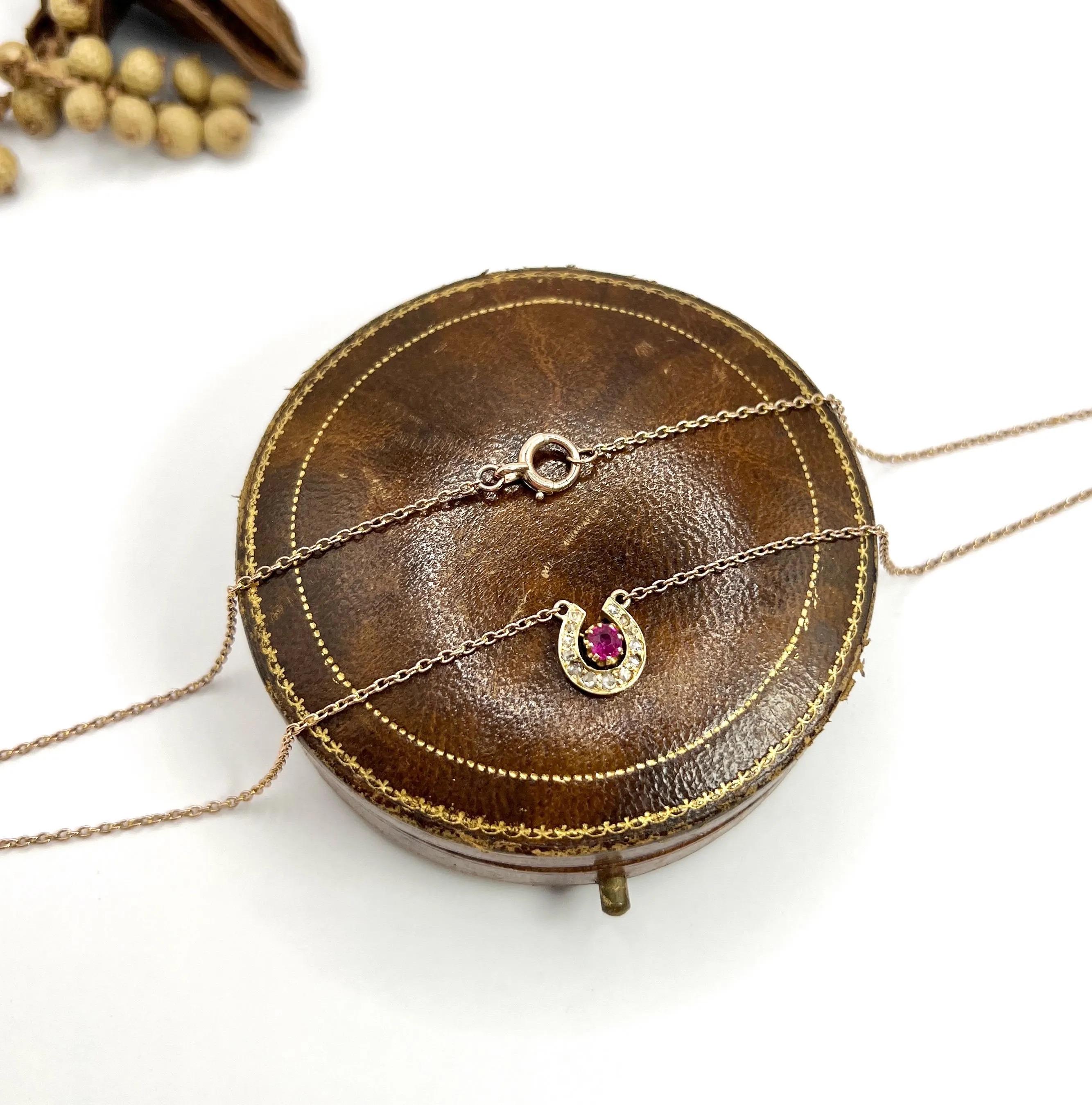 Antique 15ct Gold Edwardian Ruby & Diamond Lucky Horseshoe Pendant Necklace 4