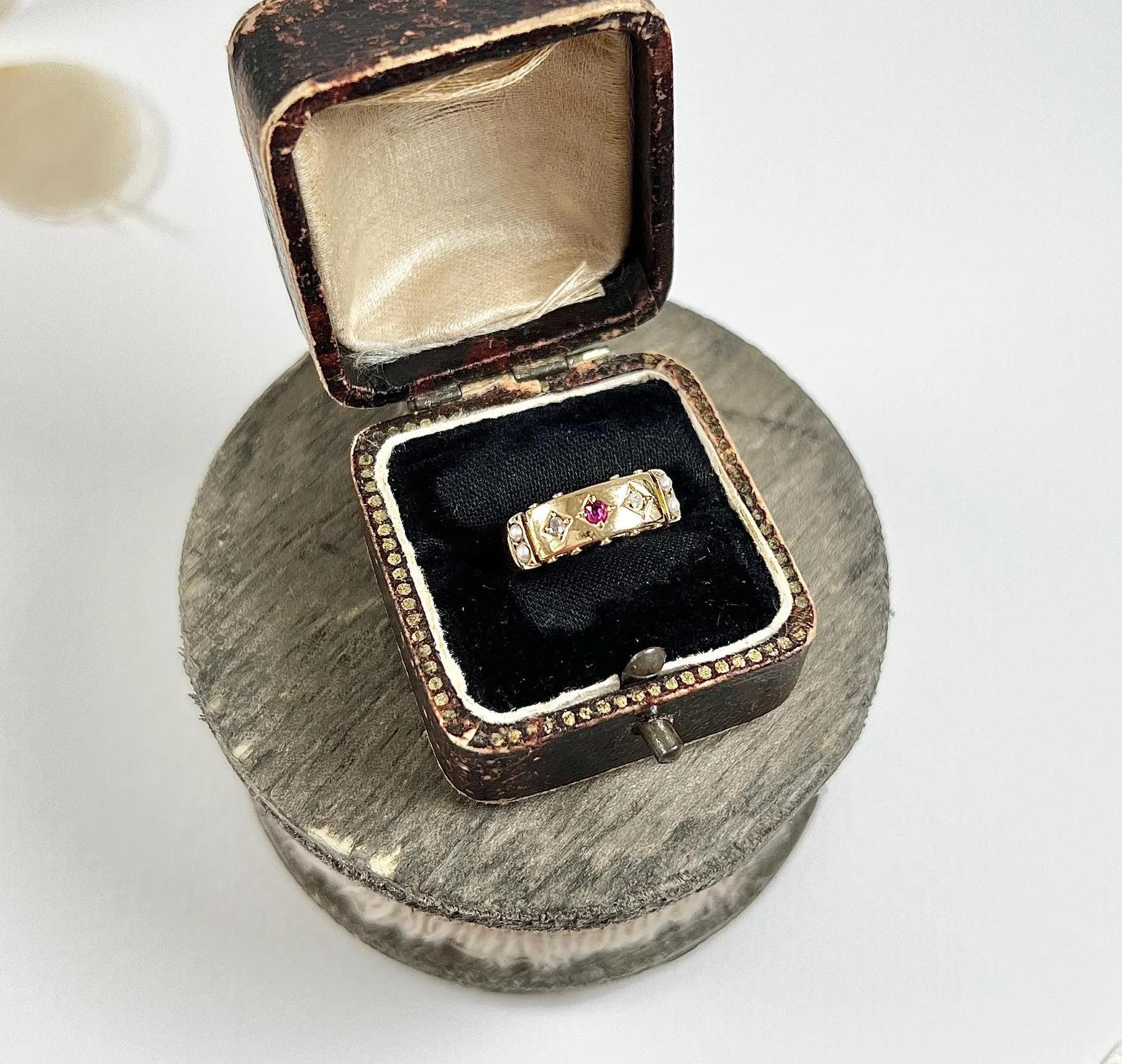 Antique 15ct Gold, Edwardian Ruby, Diamond & Pearl Band Ring 5